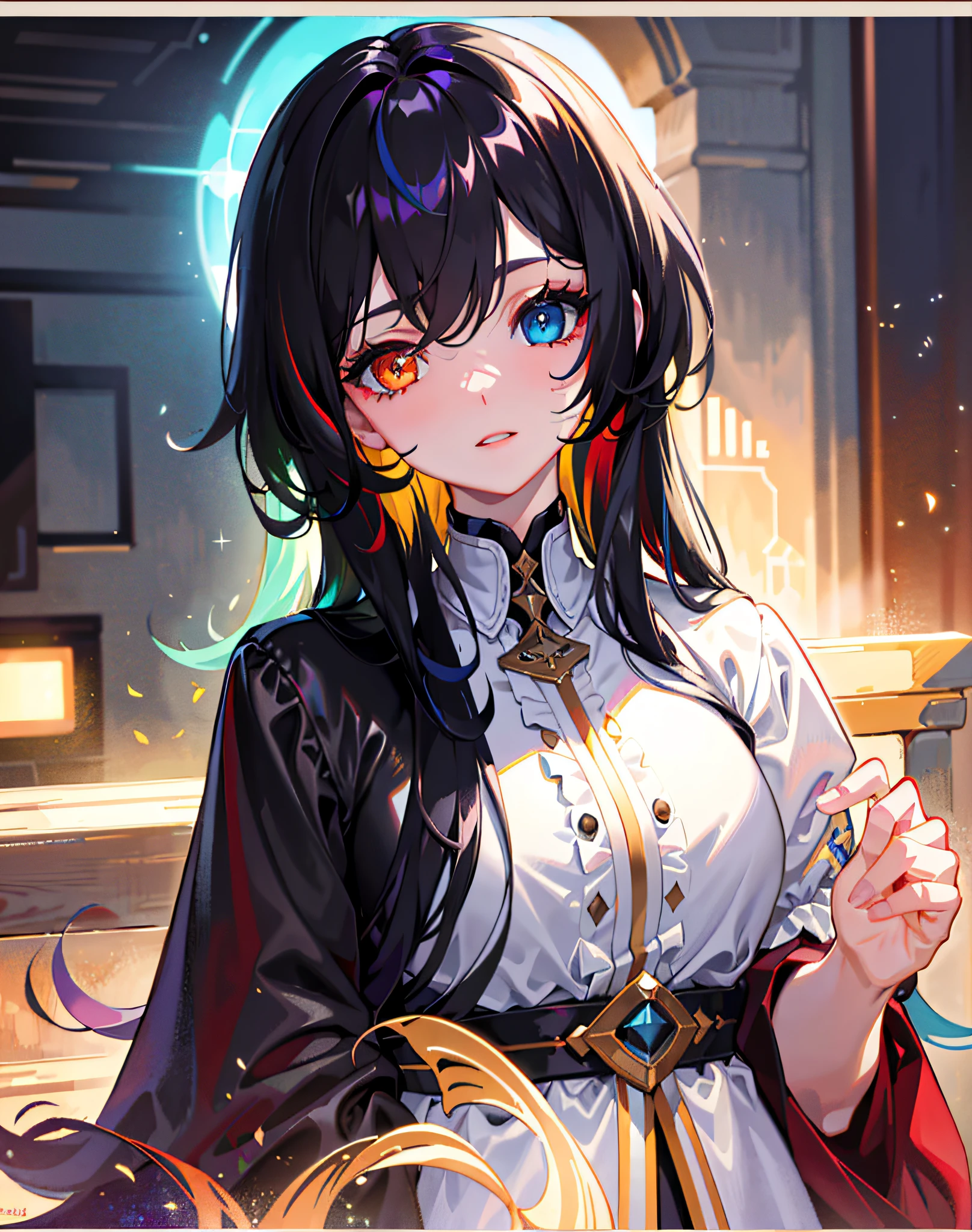 {{masterpiece}}, best quality, extremely detailed CG unity 8k wallpaper, cinematic lighting, lens flare, beautiful detail eyes, black,  side glance,  multicolor hair, colorful light, particles, heterochromia, (colorful:1.5), (colorful hair:1.5),