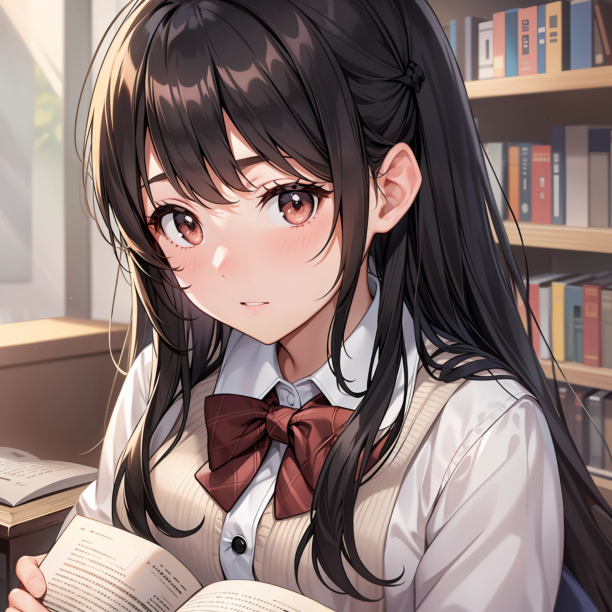 A girl, bangs, black hair, blush, book, bow, brown eyes, chair, desk, eyebrows_visible_through_hair, hair bow, hair, holding book, inside, long hair, over chair, looking at viewer, open book, reading, school uniform, white background