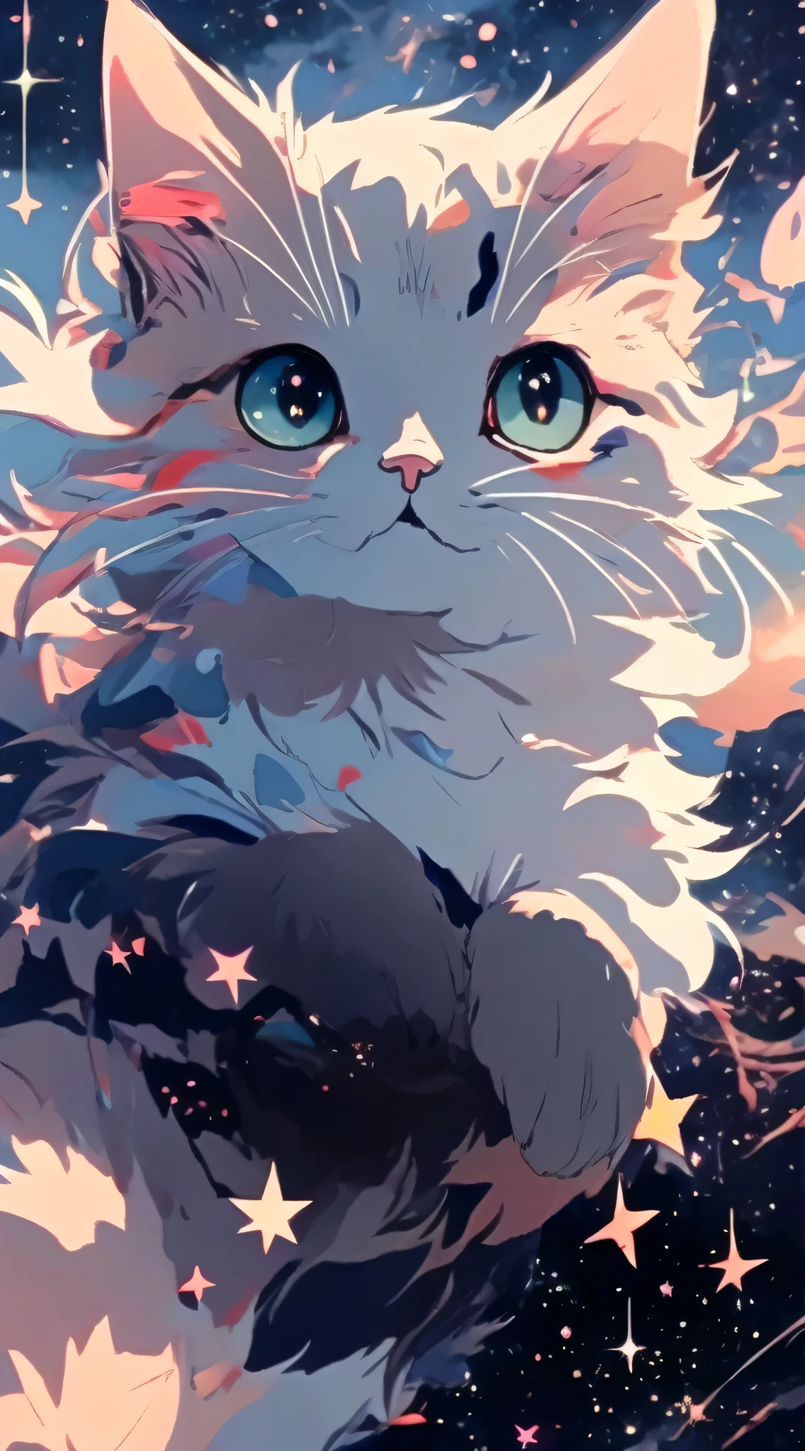 Anime art wallpaper, background starry sky, cat head appearance, 4K clarity. Draw realistic and cute anime cats in detail, digital art style. 8K high-definition digital animation wallpaper, ultra-high detail value, small and cute, showing the most exquisite digital animation art.