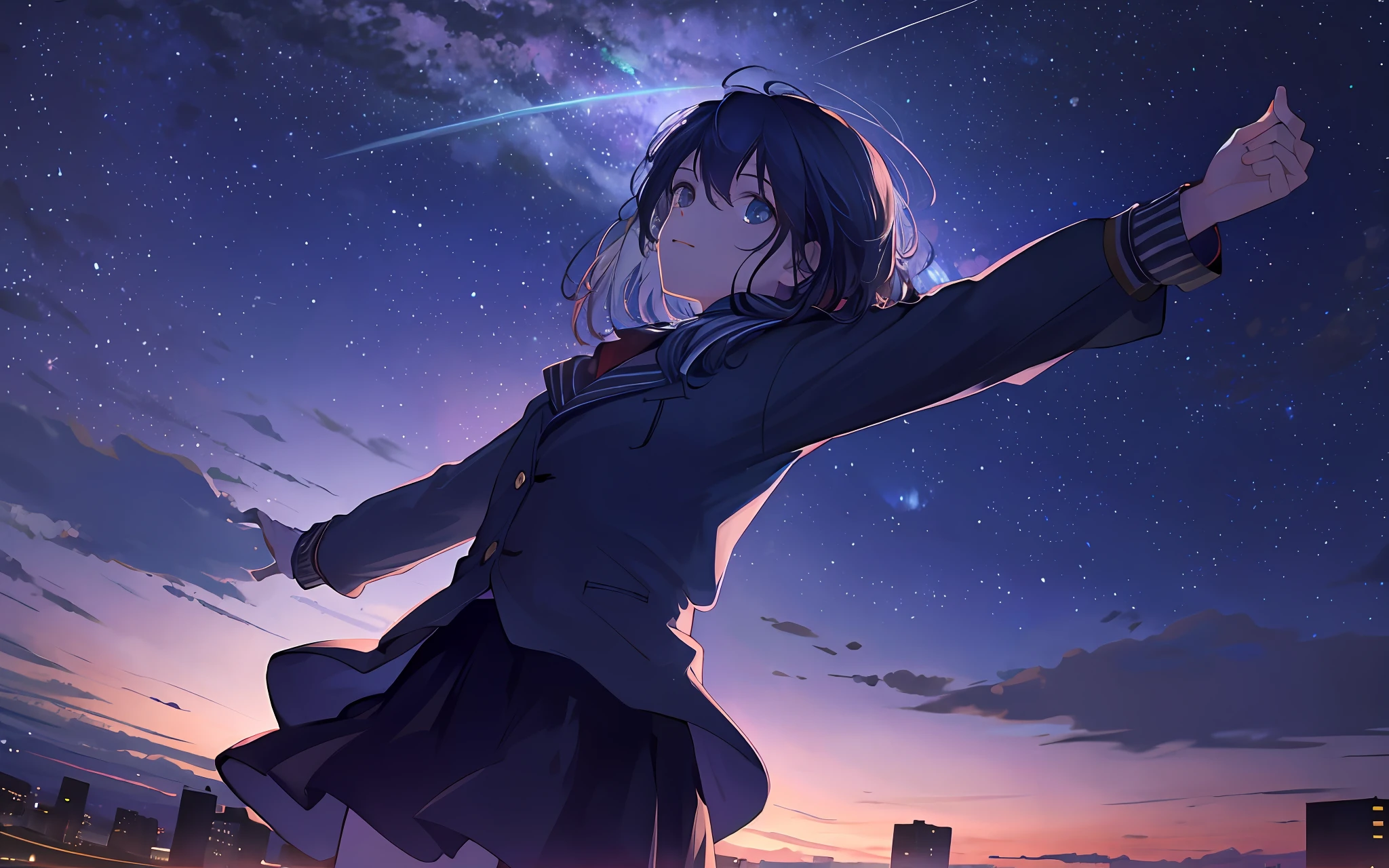 1 girl, stretching out her hands, sky, night, looking up, staring at the viewer,