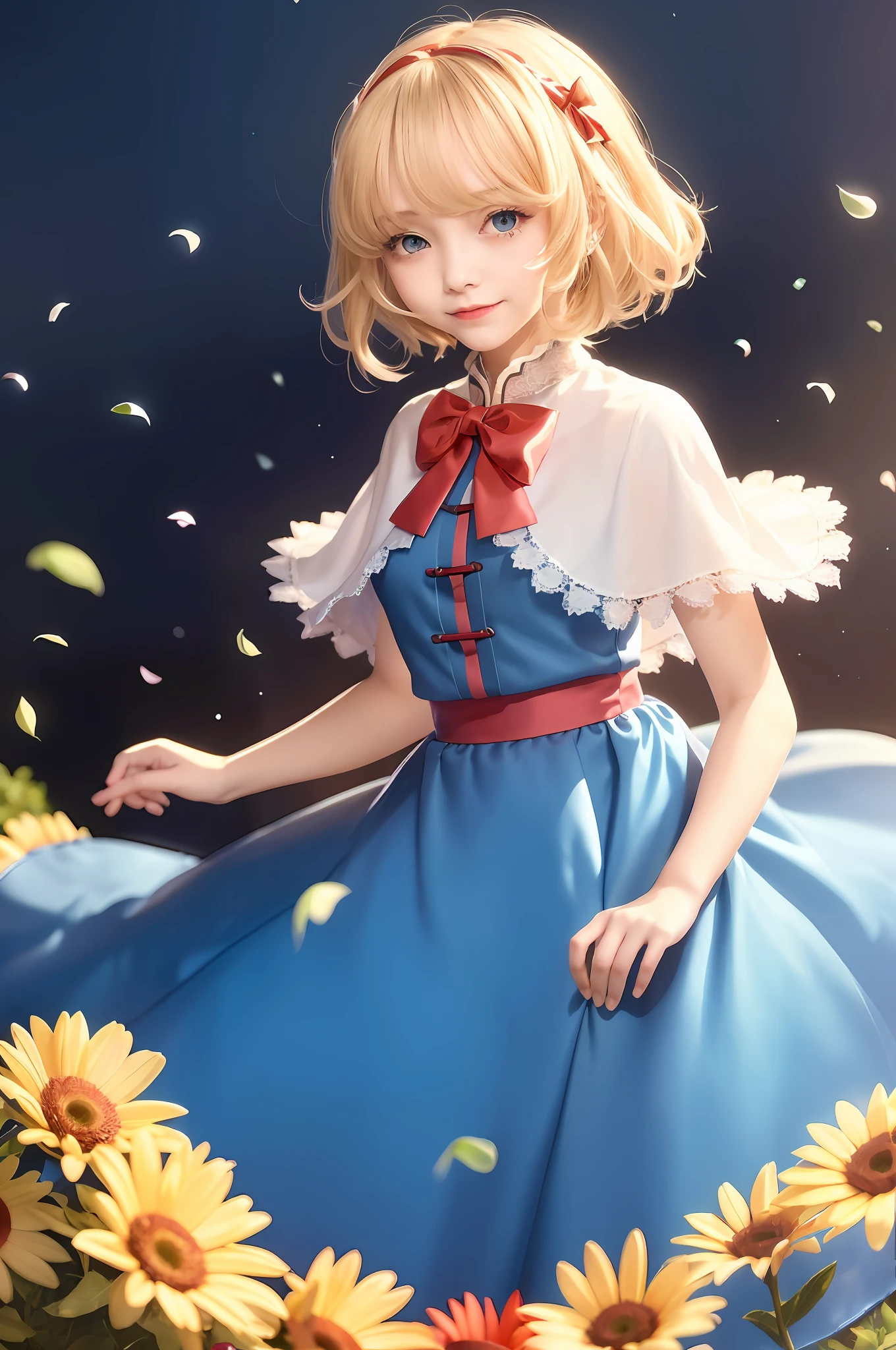 masterpiece, top quality, doll, blonde hair, hair band, (Shanghai dolls: 1, Alice Margatroid, blue eyes, capelet, 1 girl, petals, smile, dress, solo, sash, bow, hair bow, short hair, long hair, blue dress, gray background,