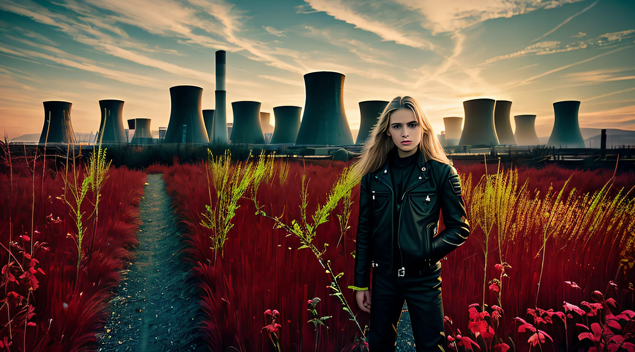 14-YEAR-OLD BOY, PORTRAIT, WITH LONG BLOND HAIR, WITH RED LEATHER ...