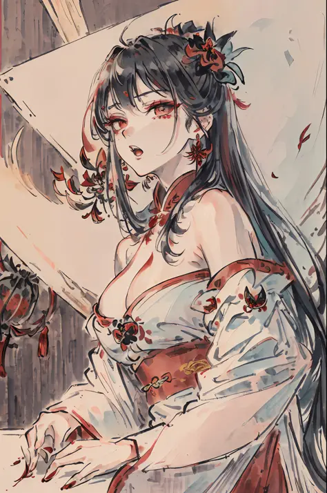 ((highres)), (open mouth),(((bust))),(((masterpiece))),(((best quality))),((ultra-detailed))((extremely detailed CG)),((8k_wallpaper)),dynamic angle,floating, (beautiful detailed eyes),an extremely delicate and beautiful girl,upper body,ink wash painting,(...