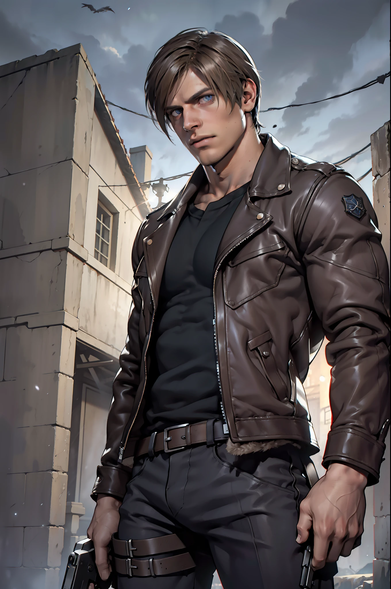 1 man, young man, 27 year old, Leon S. Kennedy from Resident evil 4, face of Eudard Badaluta, solo, white skin, muscular, lean muscle man, tall, hunk, wide shoulder, clean-shaven, dark brown hair, curtain hairstyle, dark brown cold long sleeve leather jacket with white fur on the neck, black color T shirt inside, black pant, holding a pistol on right hand, viewer looking, high resolution:1.2, best quality, upper body shot, flat style, cloudy sky and old Spanish village background, nightime, low camera angle, volumetric lighting, depth of field, shadow