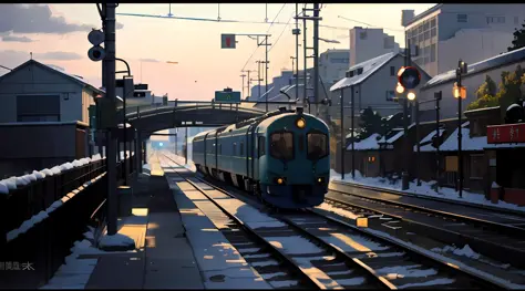 there is a train traveling along the tracks in the snow, there is a blue light in the blue sky straight into the sky, there is a...