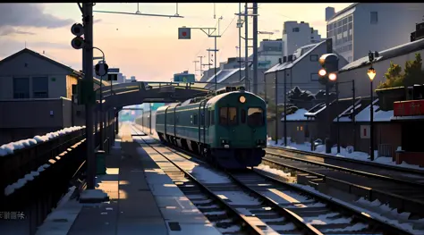 there is a train running along the tracks in the snow, and the sky is pure green makoto shinkai style, made by the anime artist ...