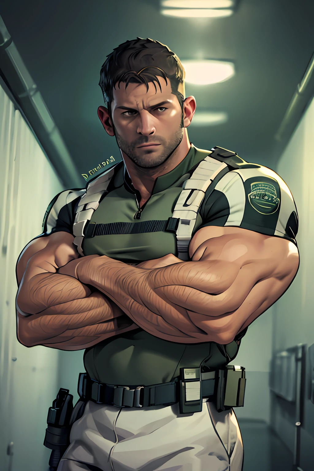 1 man, solo, 35 year old, Chris Redfield, wearing green T shirt, white color on the shoulder and a bsaa logo on the shoulder, millitary tactical suit, tall and hunk, biceps, abs, chest, best quality, masterpiece, high resolution:1.2, dark black gloomy hallway in the background, detailed face, shadow, volumetric lighting, center focus, low camera angle