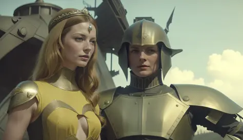 a woman (caitriona balfe) in a yellow dress standing next to a man (sam heughan) in armor, a matte painting by jacques maroger, ...