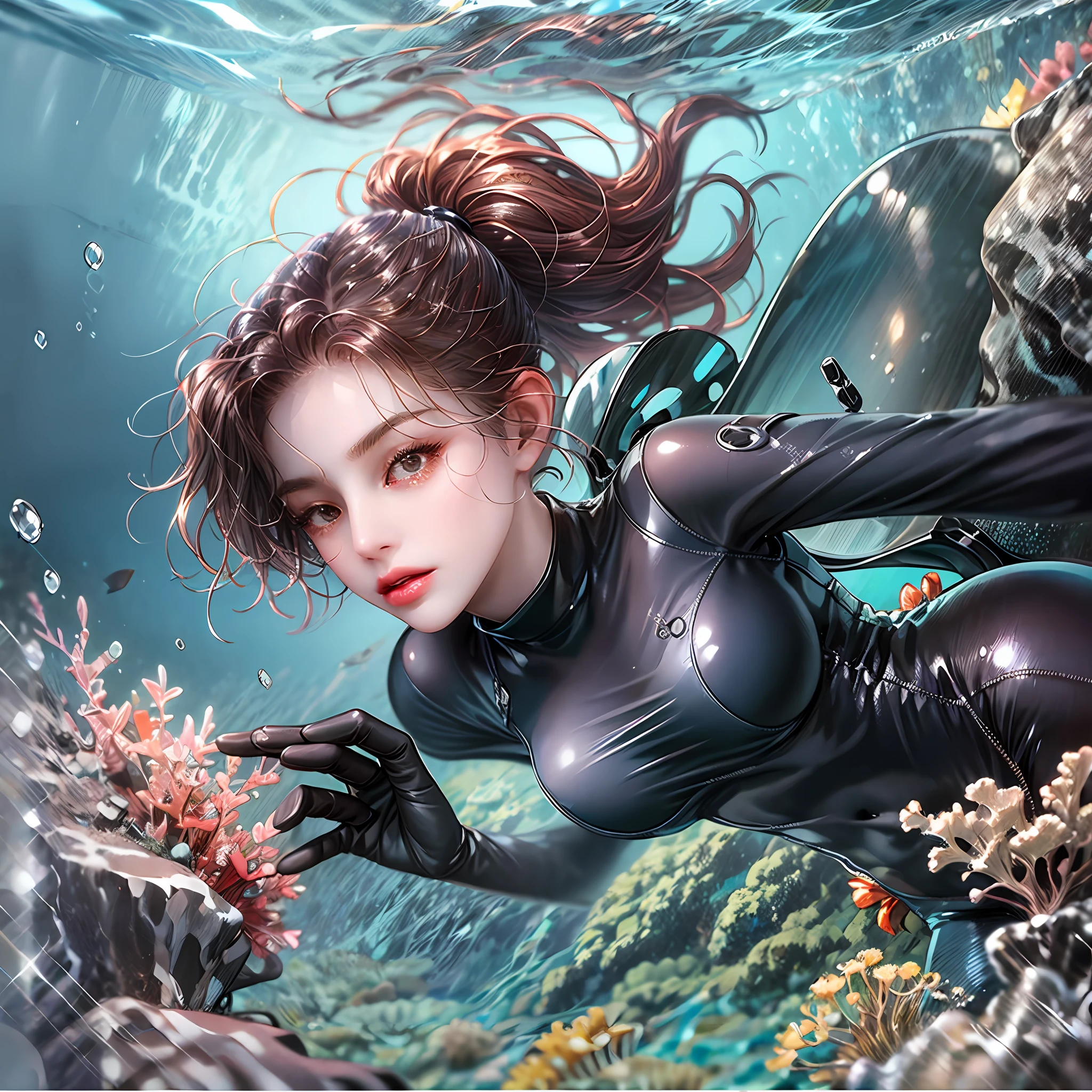 Anime girl in wetsuit diving underwater with corals and fish - SeaArt AI