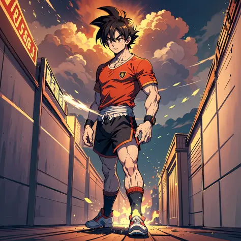 goku, best quality, masterpiece, super high resolution, realism, illustrations, single, 1 boy, soccer field, volumetric lighting...