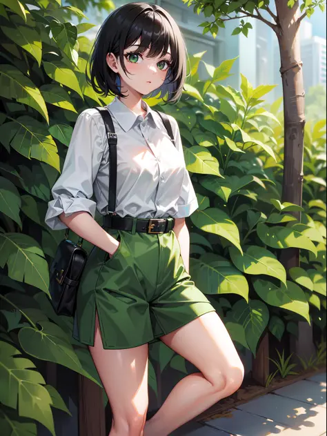 Black hair short, short green clothes with white collar sleeves, green shorts, white waist belt, white shoes, girl, outdoor