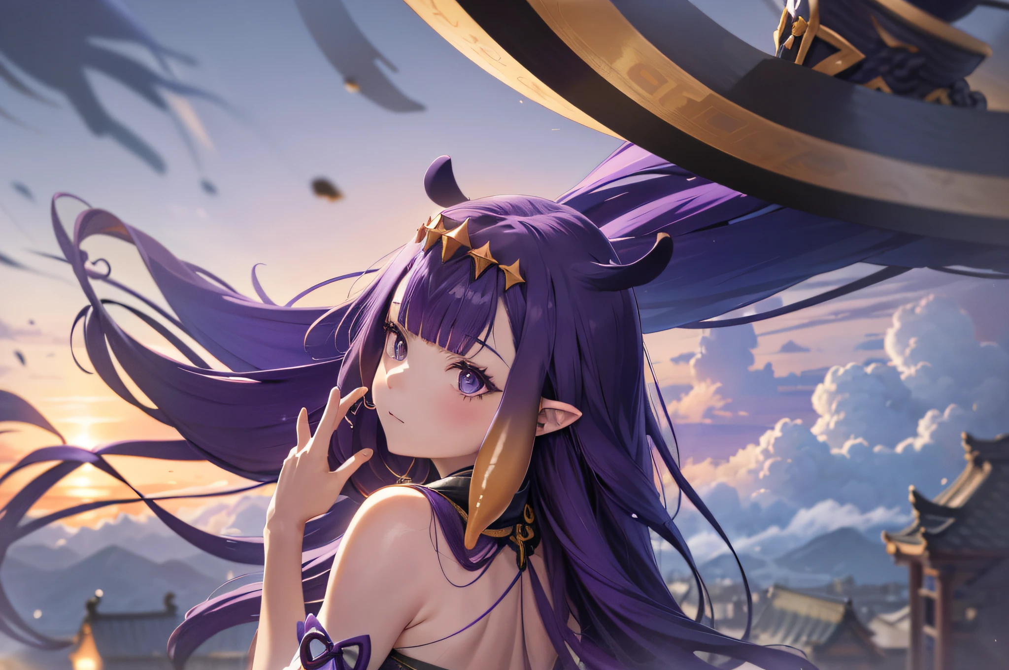 (人物: Ninomae Ina'Nis), {purple hair}, tentacle hair, purple eyes, a golden tiara,  absurdres, highres, (official art, beautiful and aesthetic:1.2), close view,
shining sky, vast world, girl, gazing, awe-inspiring expression, distant horizon, clouds, high hill, natural beauty, inspiration, light effects,