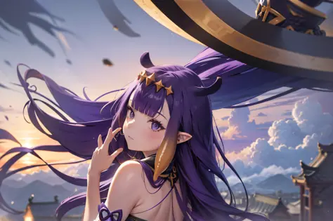(人物: Ninomae Ina'Nis), {purple hair}, tentacle hair, purple eyes, a golden tiara,  absurdres, highres, (official art, beautiful ...