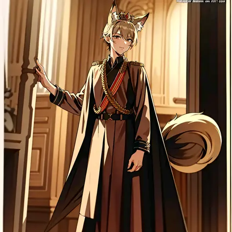 masterpiece, best quality, man, fox ears, fox tail, vintage art style, military dress, full body, crown