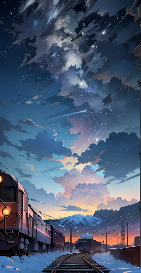 There is a train running along the tracks in the snow, Makoto Shinkai&#39;s concept art, tumblr, magic realism, beautiful anime scenes, cosmic sky. by makoto shinkai, ( ( makoto shinkai ) ), anime background art, anime backgrounds, Makoto Shinkai&#39;s sty...