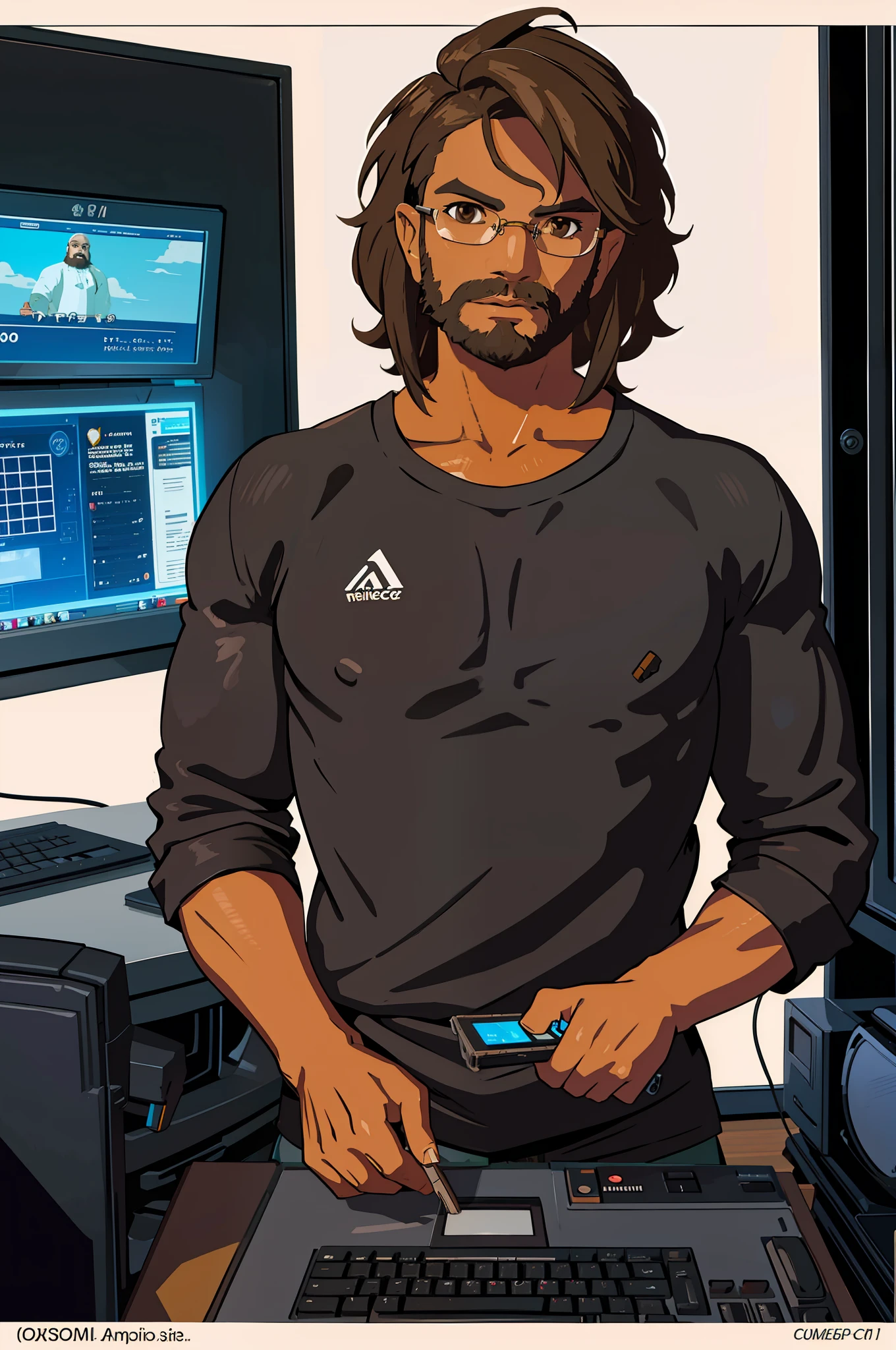 masterpiece, high quality, best quality, beautiful, hd, realistic, perfect lighting, detailed face, detailed body, 1 man, short black hair, tanned, solo, brown eyes, GLASSES, black short beard, black shirt, computers background,