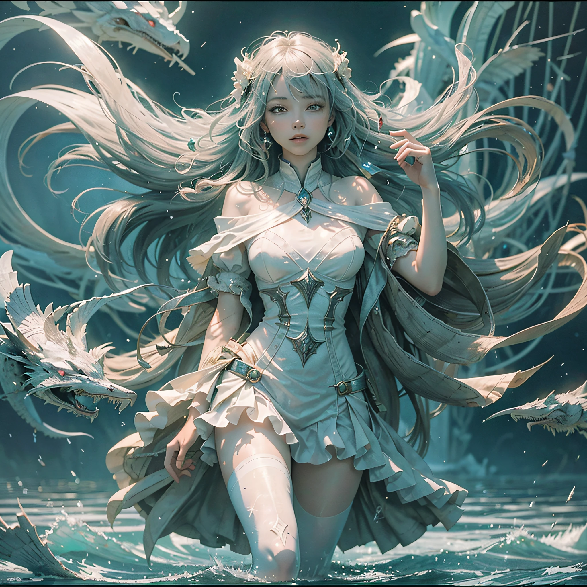 (Fine CG unity8k wallpaper, masterpiece, best picture quality, super detailed), (best lighting, best shadow, very delicate and charming), levitation, HD stereoscopic, white pantyhose, long flowing hair, 3 gestures: dressing, extending your right hand, stepping forward, multiple brightness, [water waves and fog surrounding: 1.2+ light and shadow effects and filters for various color changes: 1.3+ flashing light spots and starlight: 1.2] --auto --s2