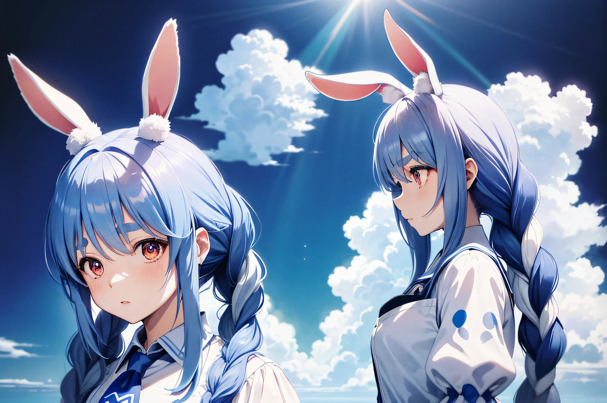 (人物: Usada Pekora), bunny girl, blue hair, twin braids, a girl, solo, absurdres, highres, (official art, beautiful and aesthetic:1.2), close view,
shining sky, vast world, girl, gazing, awe-inspiring expression, distant horizon, clouds, high hill, natural beauty, inspiration, light effects,