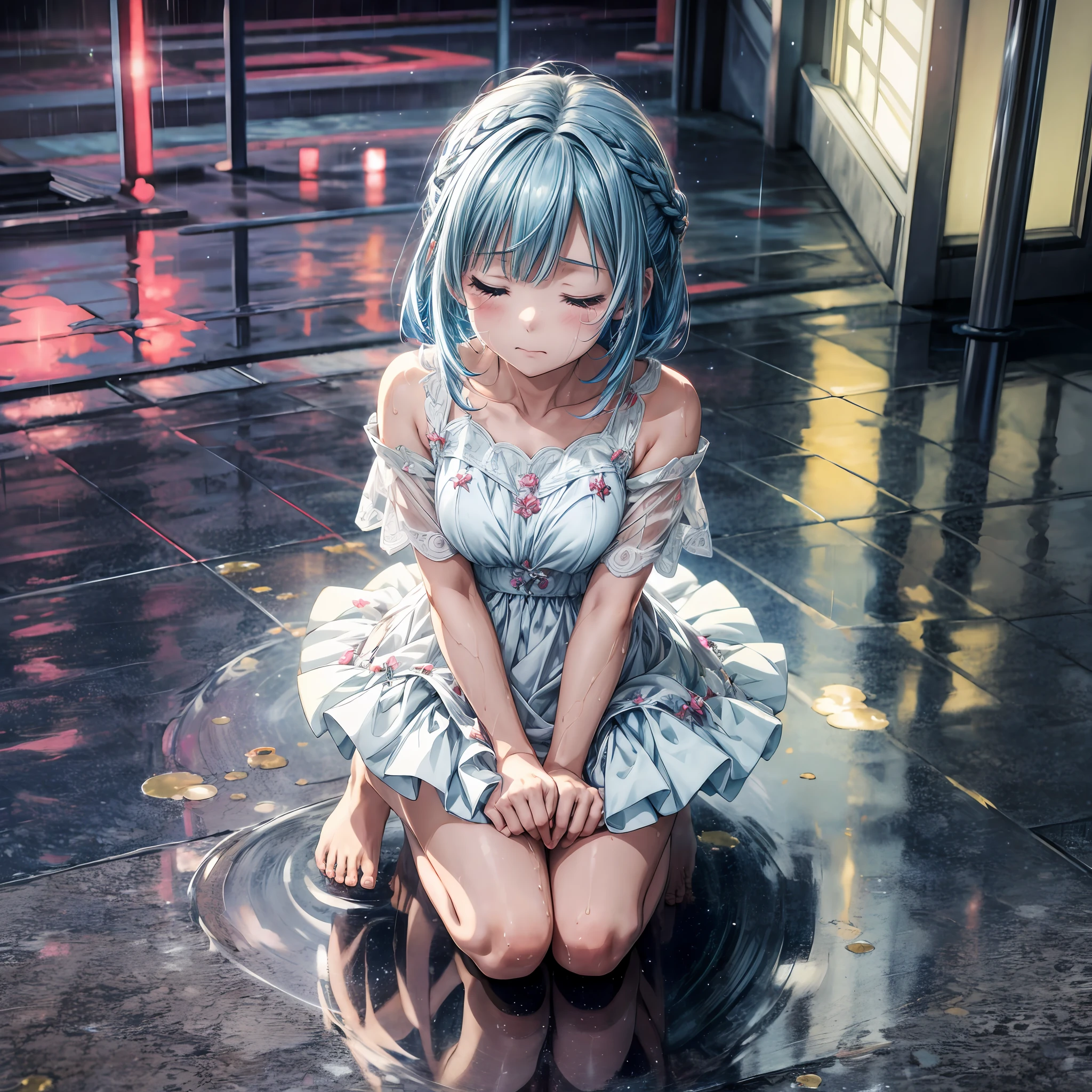 anime style, 1girl, kneeling, particles of light, (looking up), ((crying)), ((eyes closed)), white dress, blue hair down, barefoot, wet floor, raining, at night, vibrant colors, (high quality), high definition, 8k, masterpiece