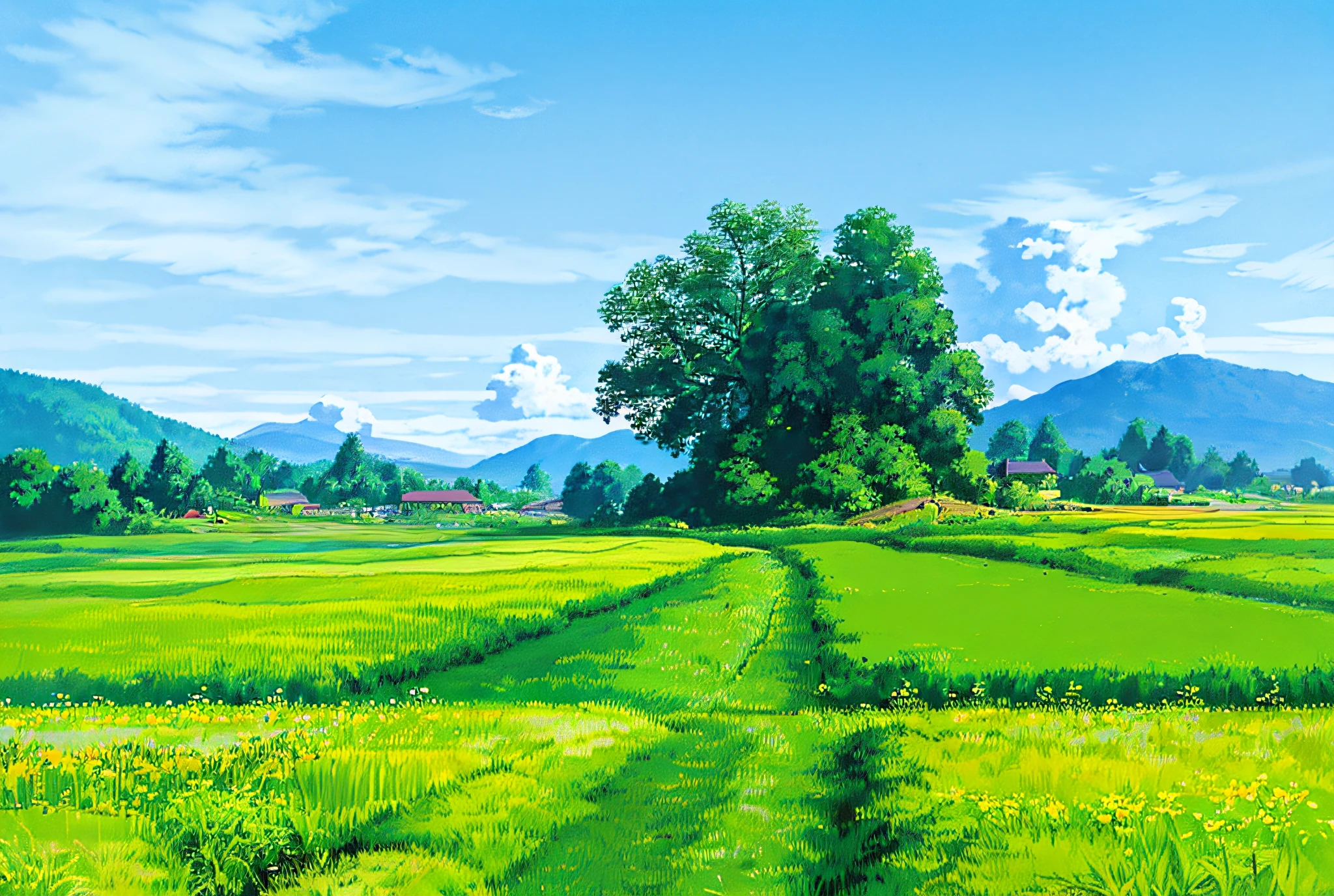 (((Best Quality))), high saturation, clear, reasonable structure, cartoon style, architecture, bridge, construction, castle, chimney, cloud, cloudy_sky, day, fantasy, door, grass, house, mountain, no_humans, outdoor, river, landscape, sky, sunset, tree, window, real, beautiful and amazing landscape oil painting Ghibli Studio Miyazaki's wheat field with blue sky and white clouds, wheat field, wheat --v6