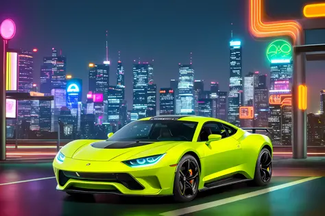 professional photo of a futuristic muscle car with multiple modifications, large wheels, yellow and green Brazil paint, parked, cybernetic hood, cyber car parts, (exotic headlights), mad-max, v8 engine, blower, pop-up headlights, futuristic, car mods, spoi...