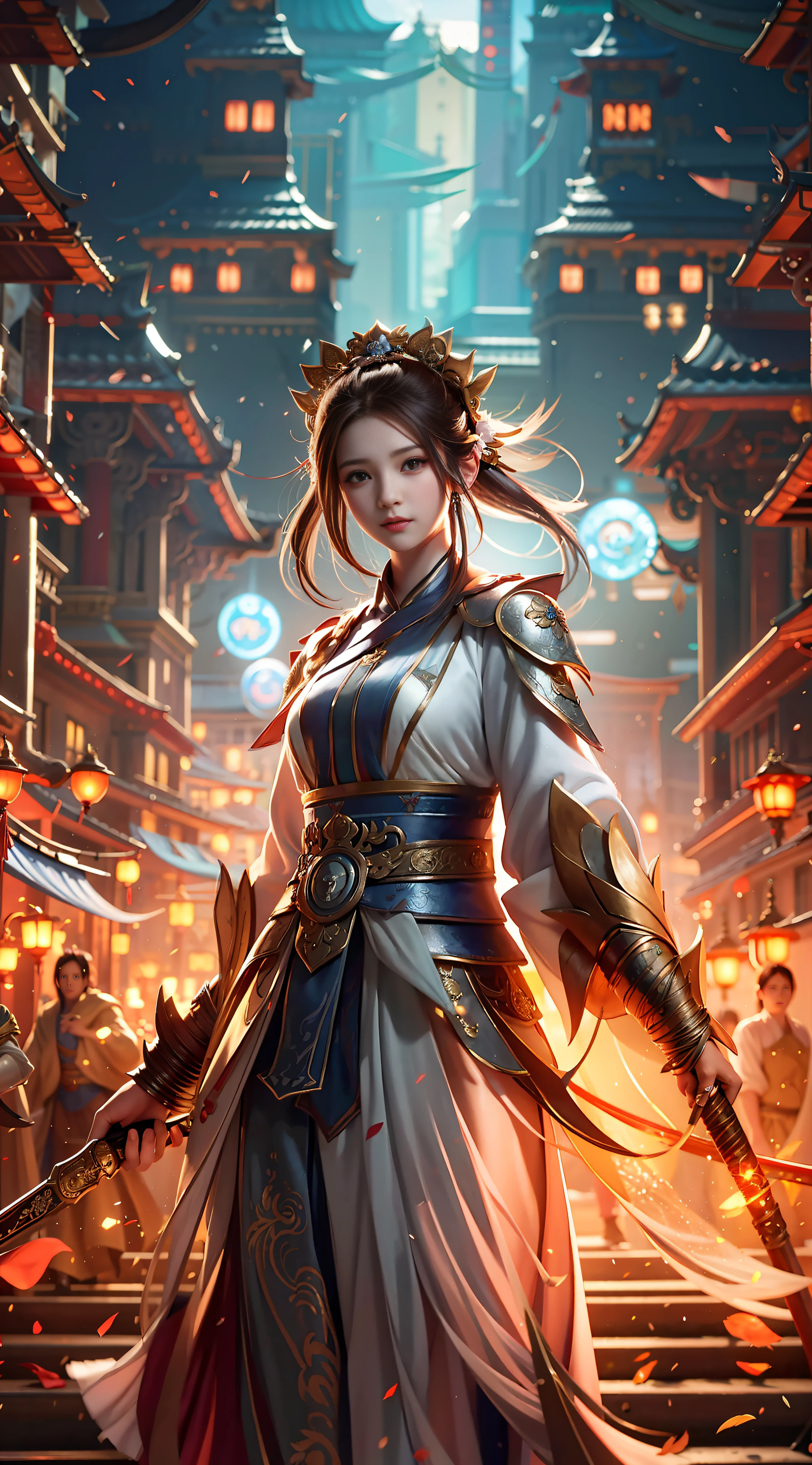 a woman in a long dress holding a sword in a city, alice x. zhang, by Yang J, chengwei pan on artstation, cgsociety and fenghua zhong, by Victor Wang, [ trending on cgsociety ]!!, inspired by Feng Zhu, dawn cgsociety, by Jeremy Chong, inspired by Fenghua Zhong, by Zhou Fang