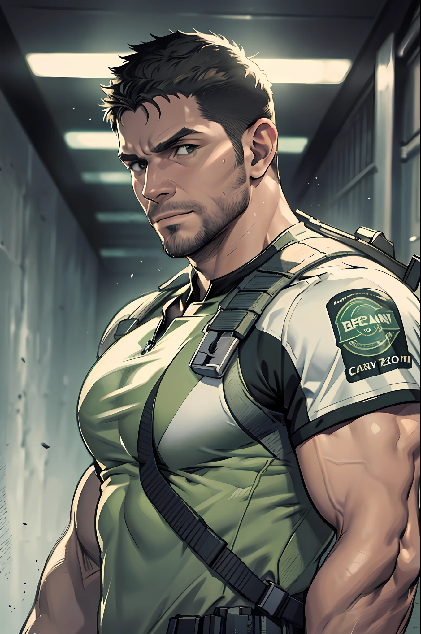 1 man, solo, 35 year old, Chris Redfield, wearing green T shirt, smirks, white color on the shoulder and a bsaa logo on the shoulder, millitary tactical suit, tall and hunk, biceps, abs, chest, best quality, masterpiece, high resolution:1.2, dark black gloomy hallway in the background, detailed face, shadow, volumetric lighting, center focus, low camera angle