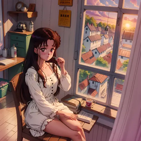 girl sitting in the chair at sunset in her farmhouse. anime art style