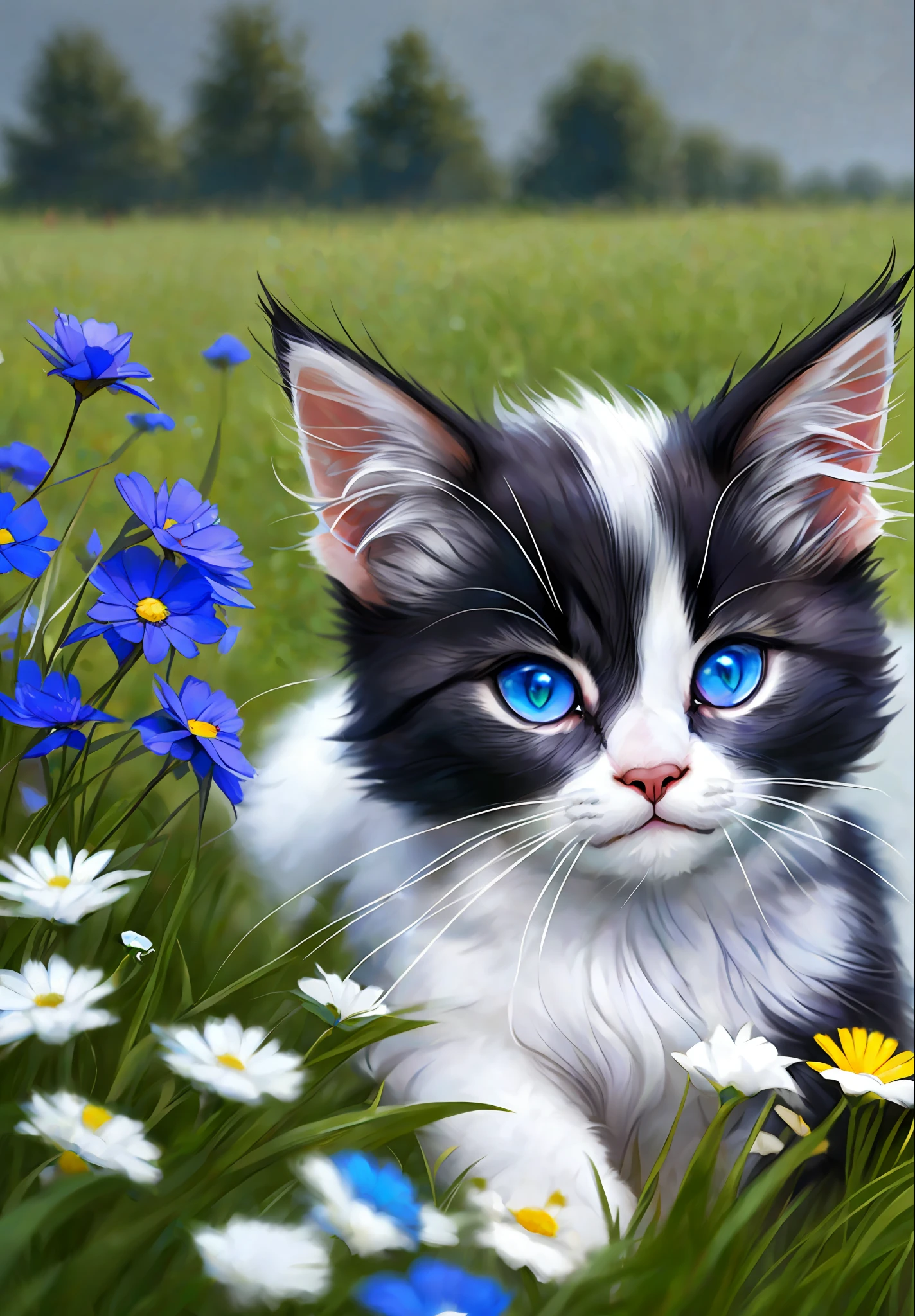 (一隻白毛的小貓, 藍寶石色的眼睛, 頭上有一撮黑毛享受著陽光), 平面視圖, 特寫, 草地, 明亮的色調, 氧 (1.2), 碎石路 (夢幻般的: 1.2)