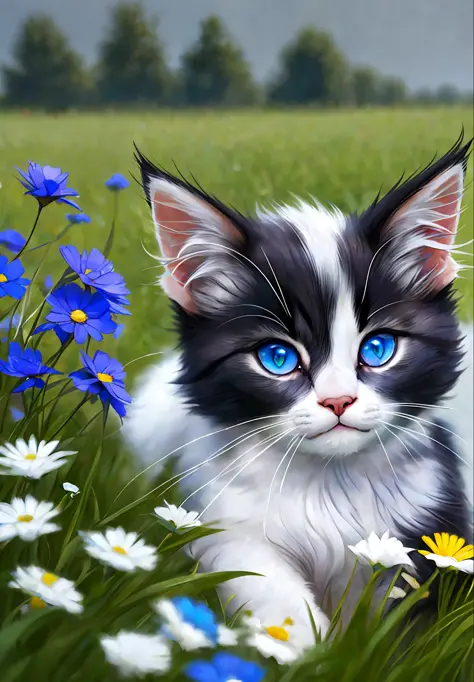 (a kitten with white hair, sapphire-colored eyes, and a pinch of black fur on its head enjoying the sun), flat view, close-up, m...