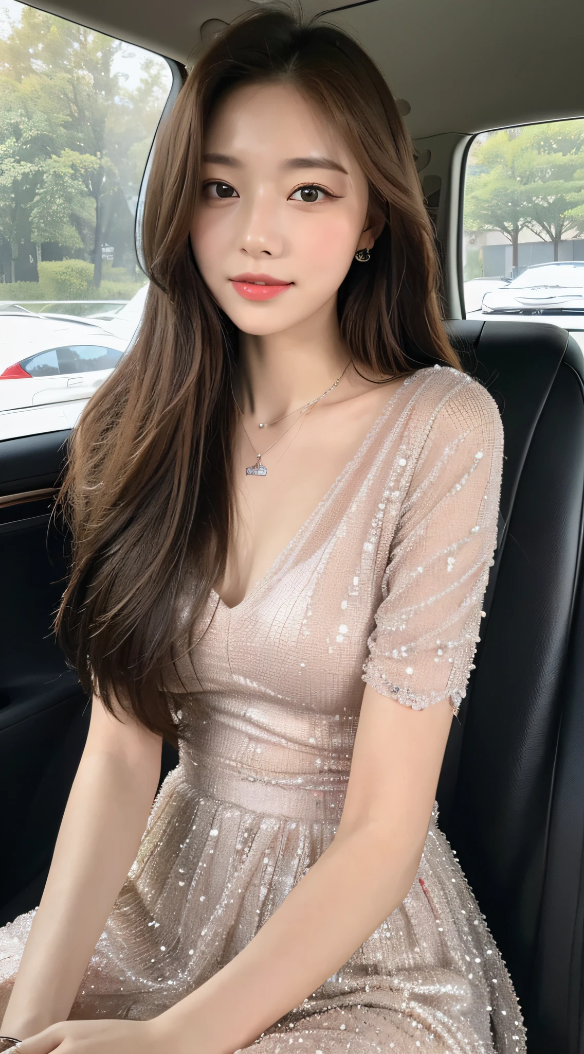 ((Best Quality, 8k, Masterpiece: 1.3)), Focus: 1.2, Perfect Body Beauty: 1.4, Buttocks: 1.2, ((Delicate Long Hair)), (Sparkling Dress: 1.1) , (Sports car, street: 1.2), Highly detailed face and skin texture, Fine eyes, Double eyelids, Whitened skin, Smile, Wearing necklace, ring, person sitting inside a car.