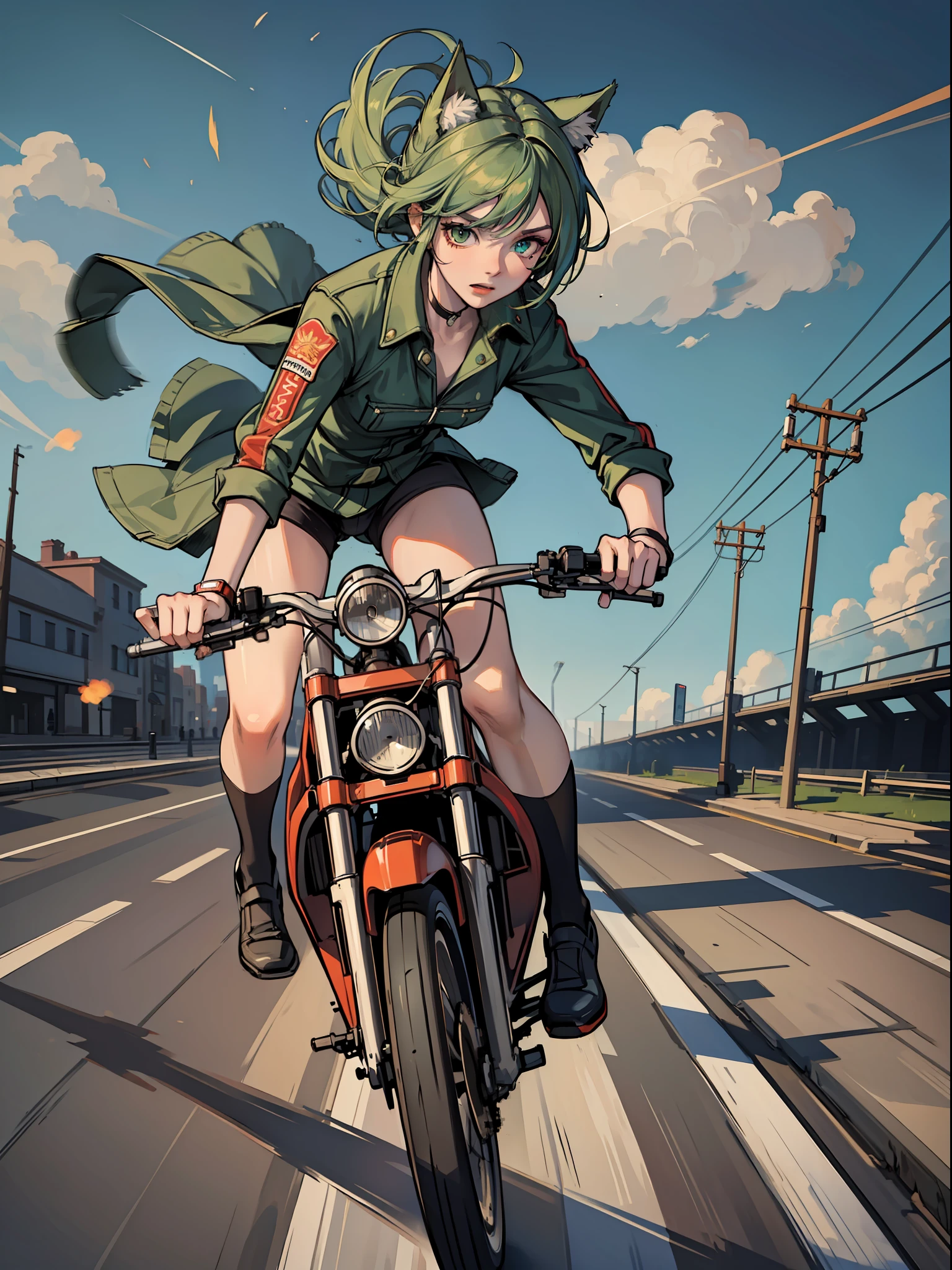 ((masterpiece, best quality)), A (speeding) red bike City at high speed, (slow motion: 1.3), (motion blur: 1.3), (speedline: 1.4), sense of speed, catgirl, short green bob hair, green eyes, sparks and smoke from tires, hair blowing in the wind