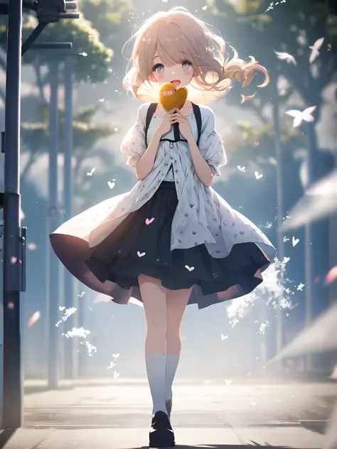 a girl, wearing a skirt, the wind blows the skirt, full body portrait (shy: 1.1), (open mouth: 1.1), (eyes open: 1.2), bright li...