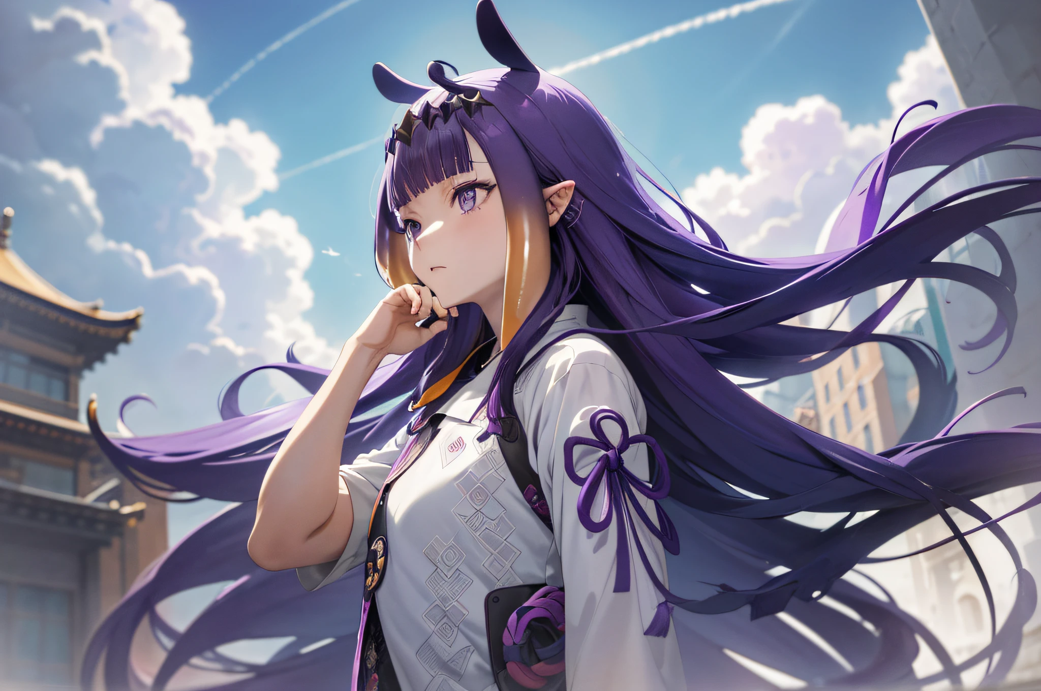 (人物: Ninomae Ina'Nis), {purple hair}, tentacle hair, purple eyes, absurdres, highres, (official art, beautiful and aesthetic:1.2), close view,
shining sky, vast world, girl, gazing, awe-inspiring expression, distant horizon, clouds, high hill, natural beauty, inspiration, light effects,