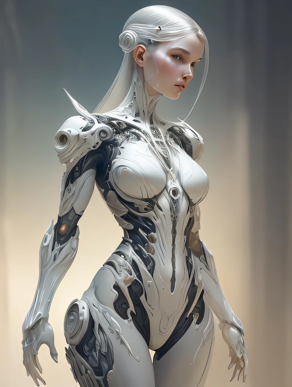 organic cyborg, white plastic, diffuse lighting, fantasy, intricate, elegant, highly detailed, lifelike, photorealistic, digital painting, artstation, illustration, concept art, smooth, sharp focus, art by John Collier and Albert Aublet and Krenz Cushart and Artem Demura