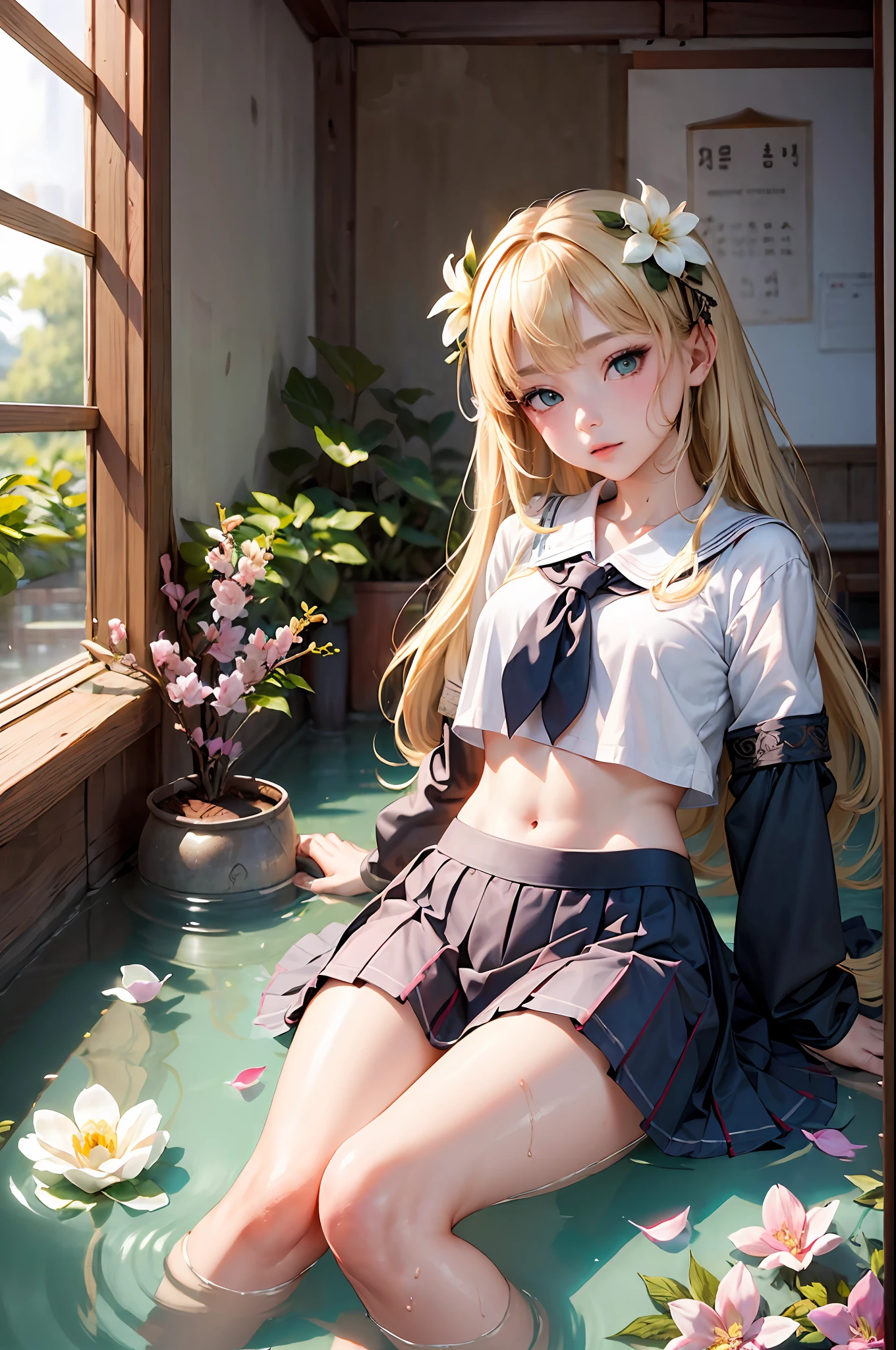 (perfect shadow:1.2),(best illumination:1.3),(high quality:1.1),(best lighting:1.2), An ancient korean beauty, laying on the water  , blonde hair , green eyes,   school uniform murals, gorgeous ancient korean , korean school  uniform costumes, flowing tulle, exposed navel, random hair color , flower hairpins, cgstation popular --v 6