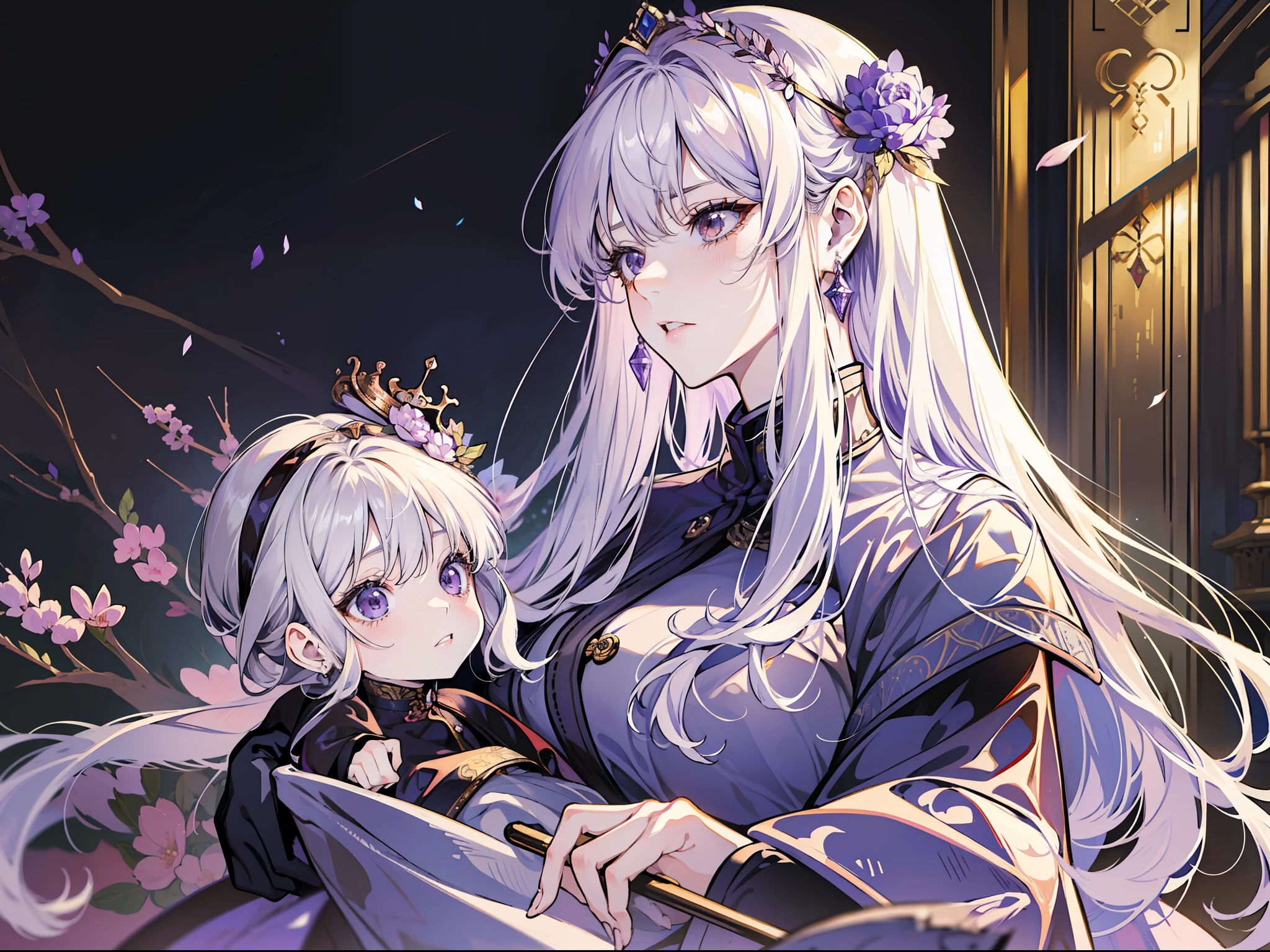 (absurd, high resolution), (panorama), ccurate, anime, high detail, a woman, mature, beautiful, tall, queen's dress, lilac complex dress, fine, brown eyes, pale blonde hair, wearing a silver crown, irritated, serious, in the palace, magical, antique, holding a baby, vista