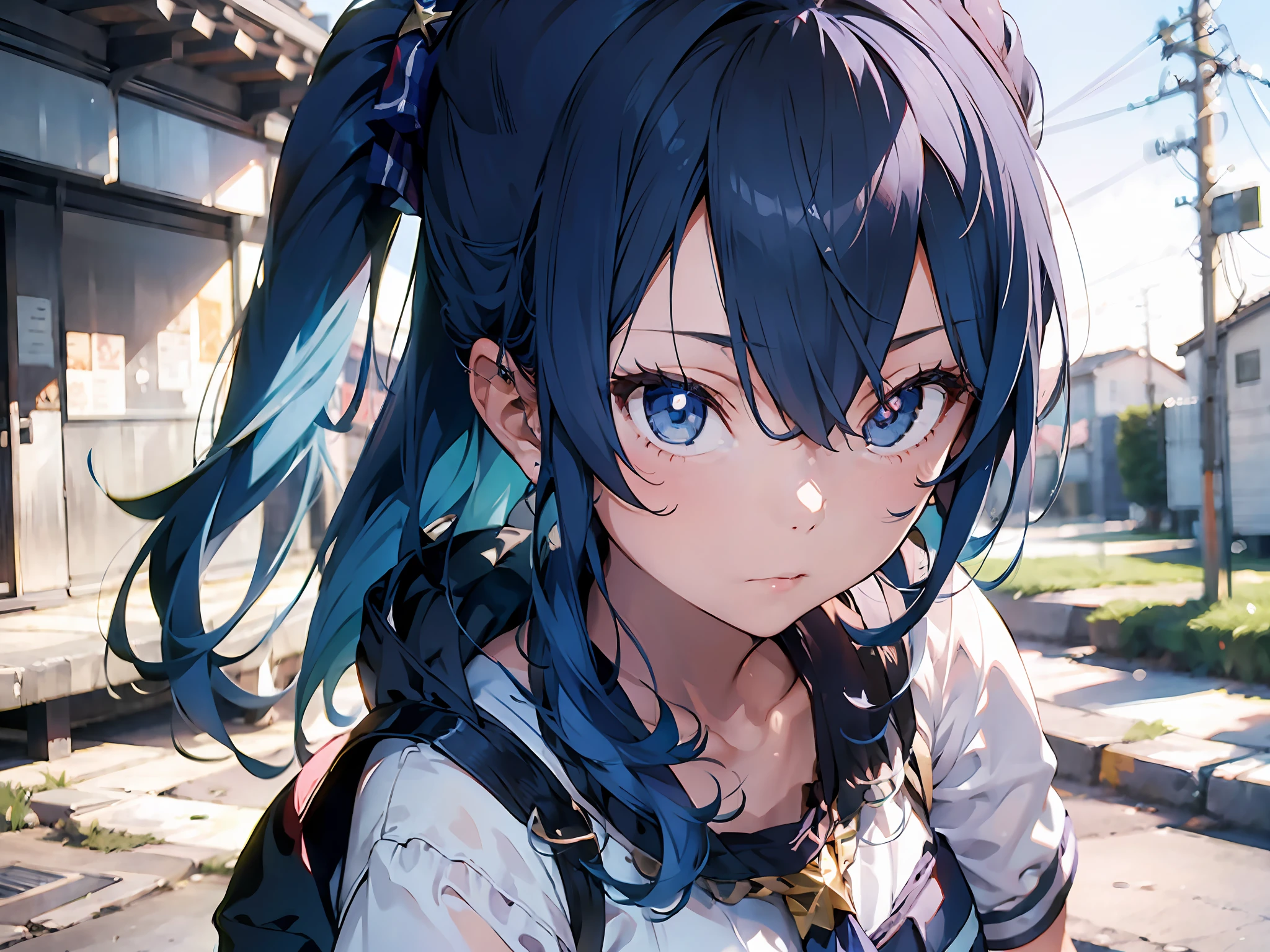 1girl, (solo:1.2), ((masterpiece)), (shadow), [slim], (small breasts), ((sharp focus)), pale skin, ((detailed eyes)), (blurry background), hoshimachi suisei, collarbone, ponytail, blue hair, closed mouth