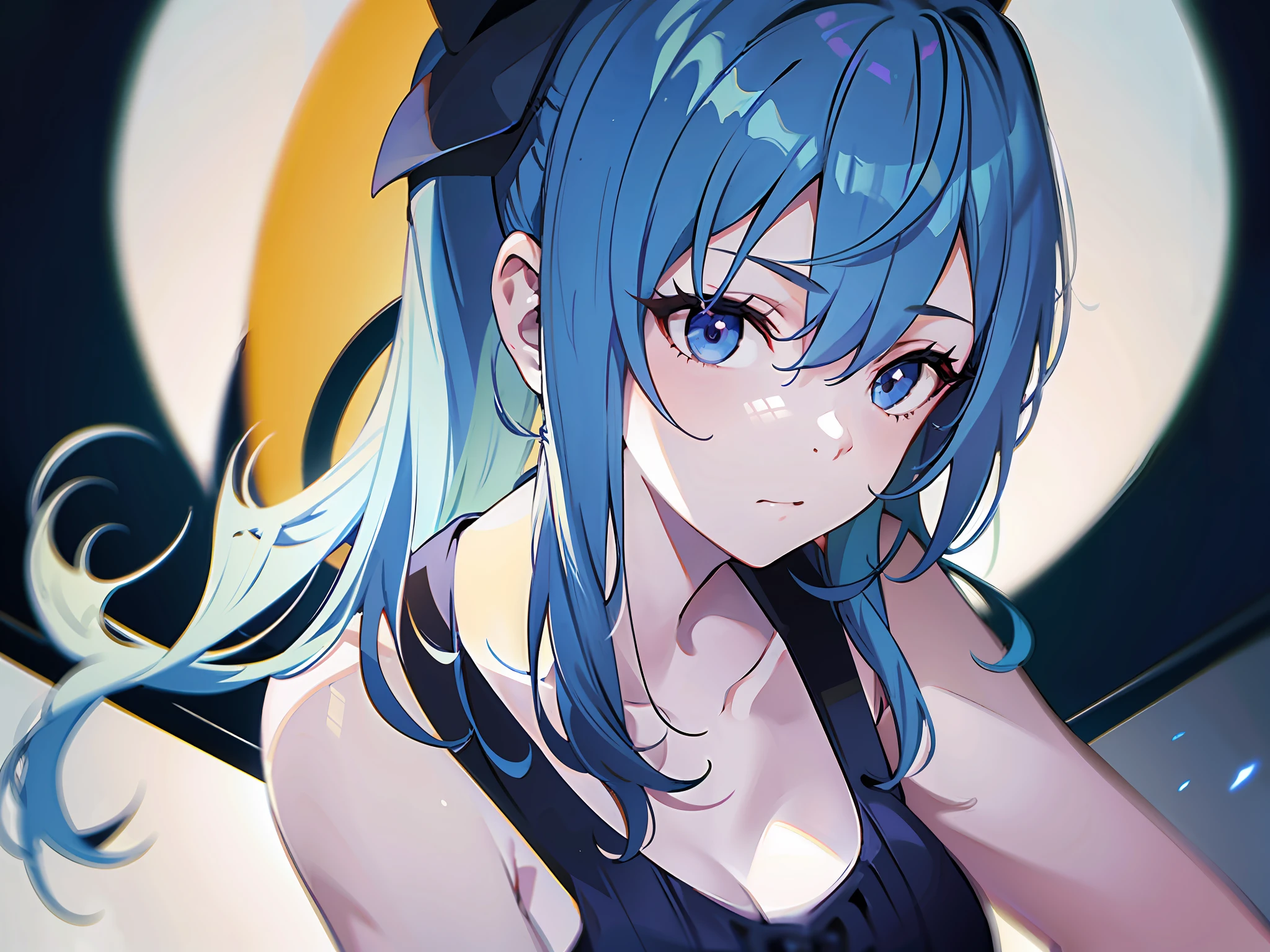 1girl, (solo:1.2), ((masterpiece)), (shadow), [slim], (small breasts), ((sharp focus)), pale skin, ((detailed eyes)), (blurry background), hoshimachi suisei, collarbone, ponytail, blue hair, closed mouth