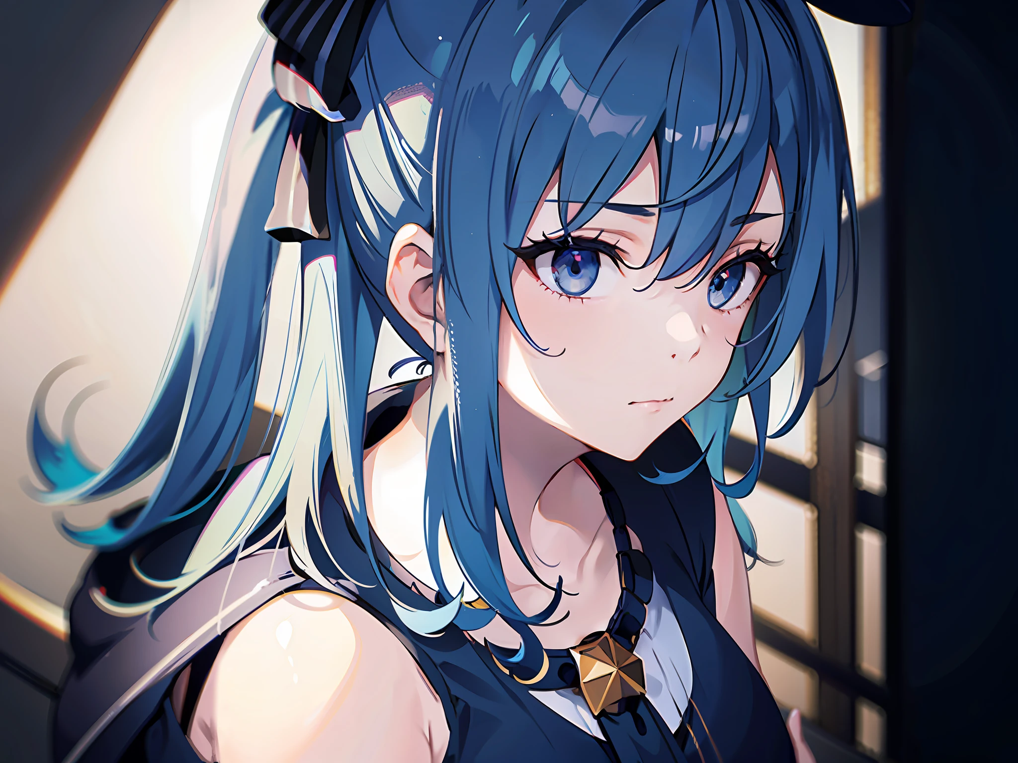 1girl, (solo:1.2), ((masterpiece)), (shadow), [slim], (small breasts), ((sharp focus)), pale skin, ((detailed eyes)), (blurry background), hoshimachi suisei, collarbone, ponytail, blue hair, closed mouth