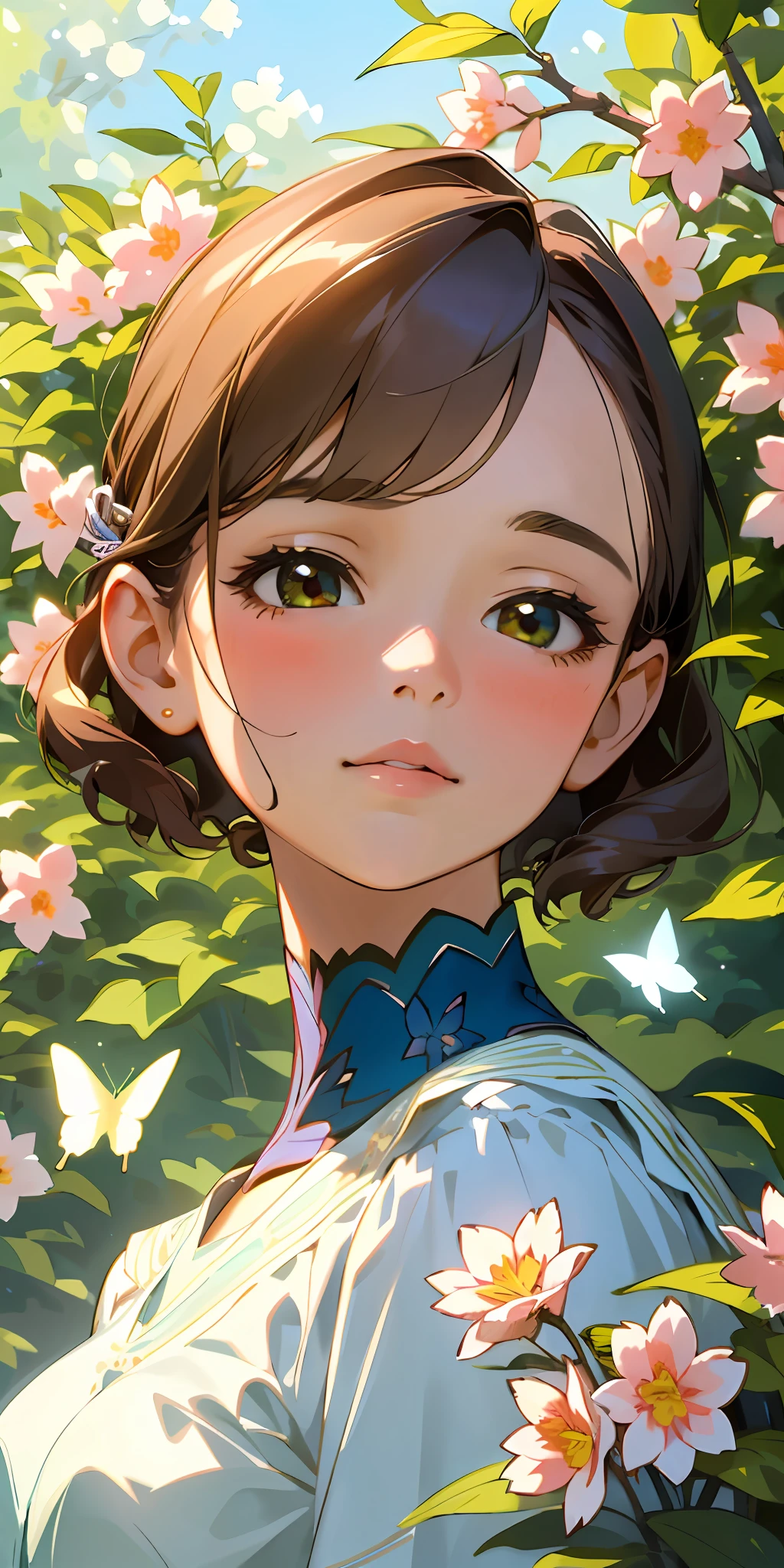 (best quality, masterpiece, ultra-realistic), portrait of 1 beautiful and delicate girl, with a soft and peaceful expression, the background scenery is a garden with flowering bushes and butterflies flying around.