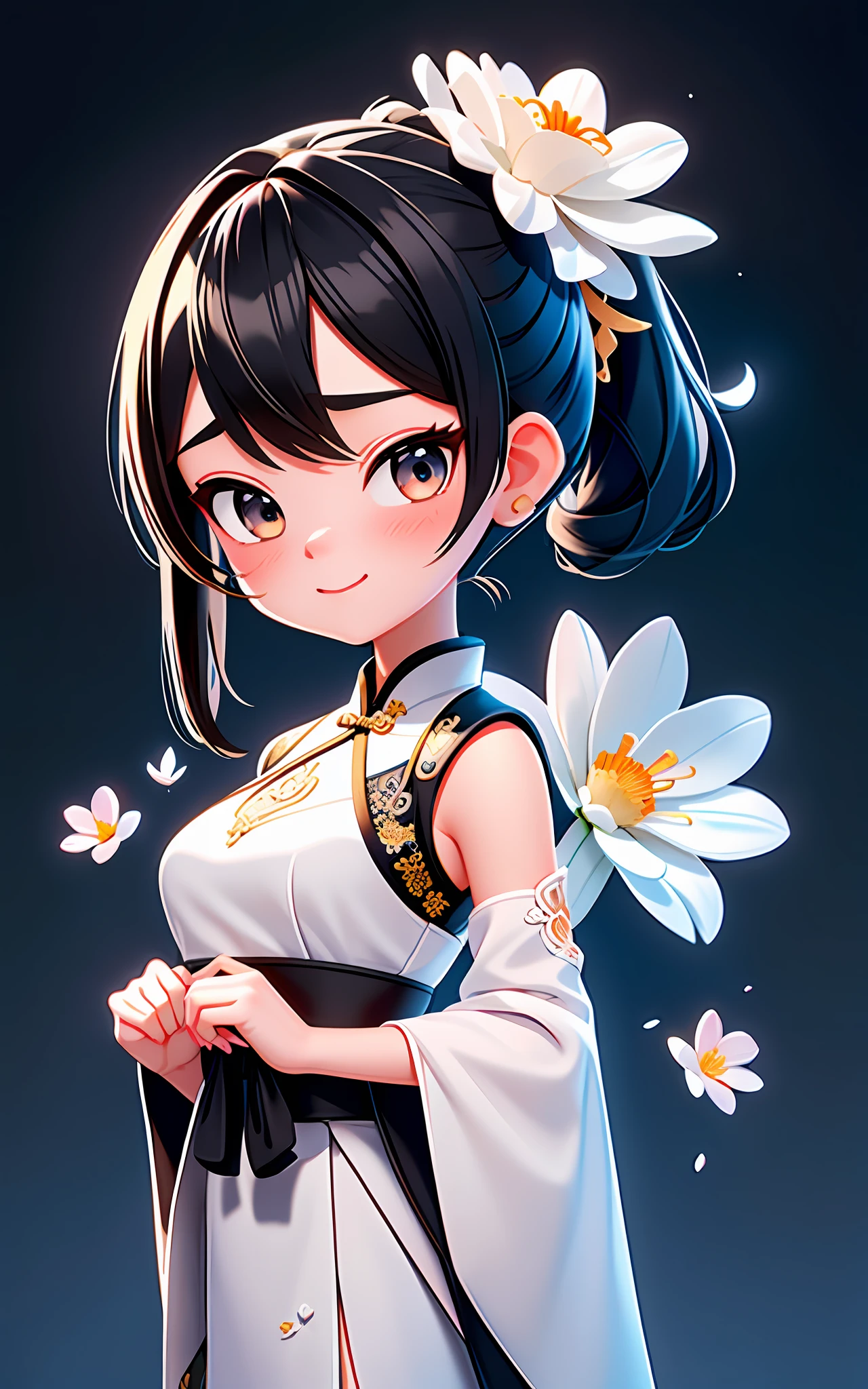 Pixar, 1 girl, black high ponytail, floating hair, white flowers on hair, black pupils: 1.5, white Chinese antique costume, intricate filigree, happy, masterpiece, super detailed, 4k, petals flying, moonlight shining on the body