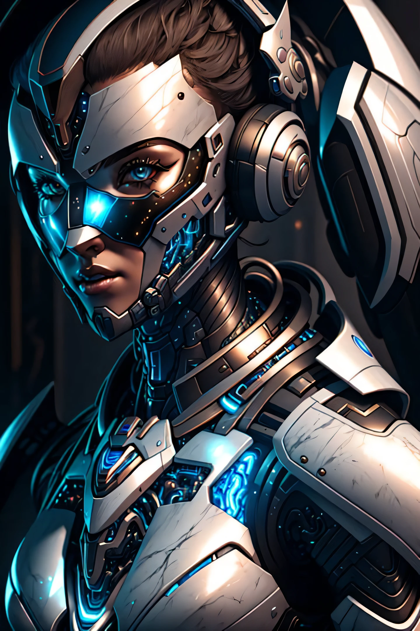 Portrait Malerei of a cybernetic grey girl with power armor,Malerei, fan art,ausführlich, Perfekte Anatomie,Reflexionslicht, realistisches Licht,8k Oktan Hintergrundbild,hardline,highly ausführlich,