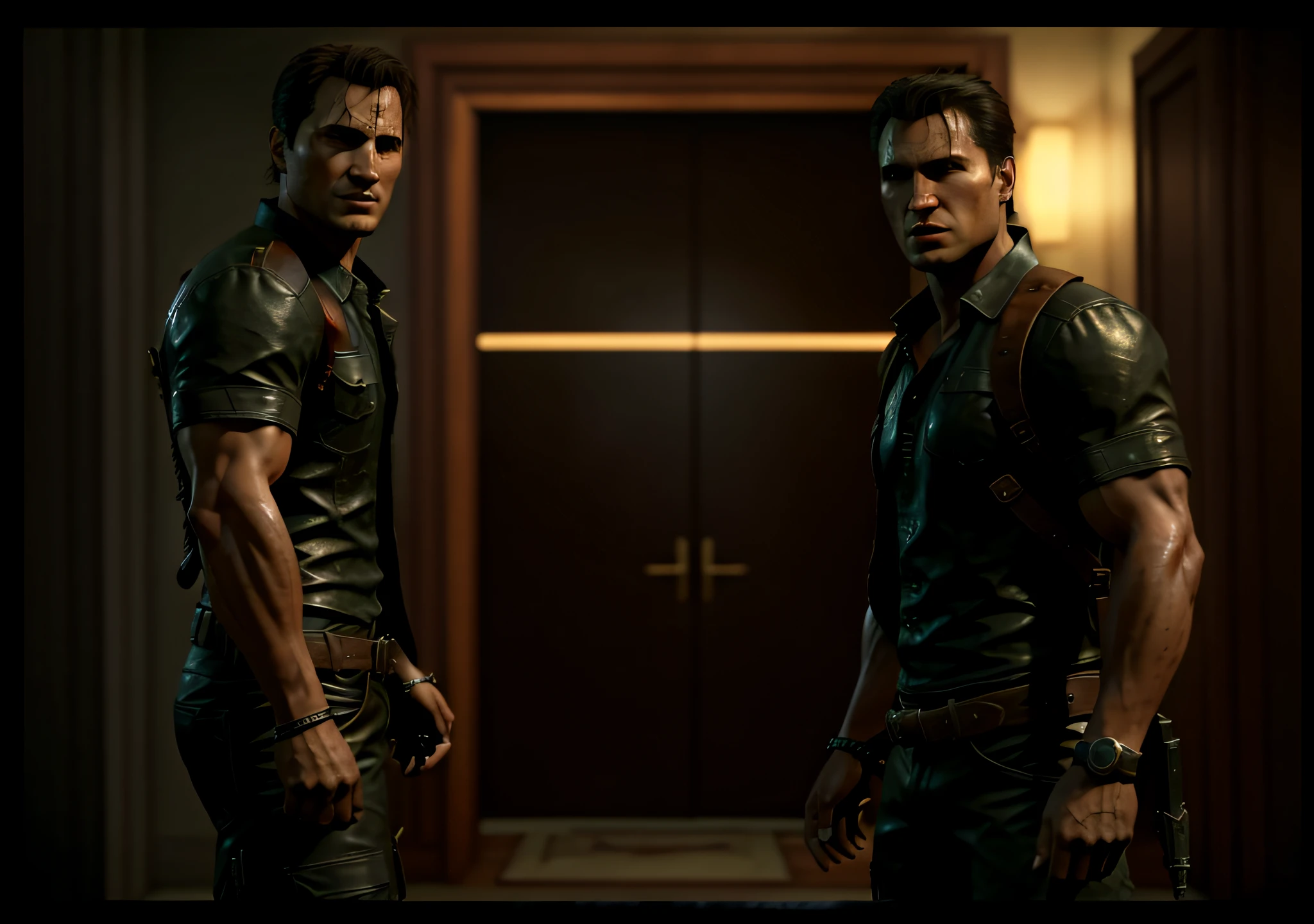 a couple of men standing next to each other in a room, uncharted 4: a thief's end, profile picture, furious action scene, cinematic mid shot fight, from avengers, [ cinematic, uncharted 4, albert wesker and chris redfield, epic fight scene, profile pic, movie action still frame, fight scene, videogame still, epic action scene