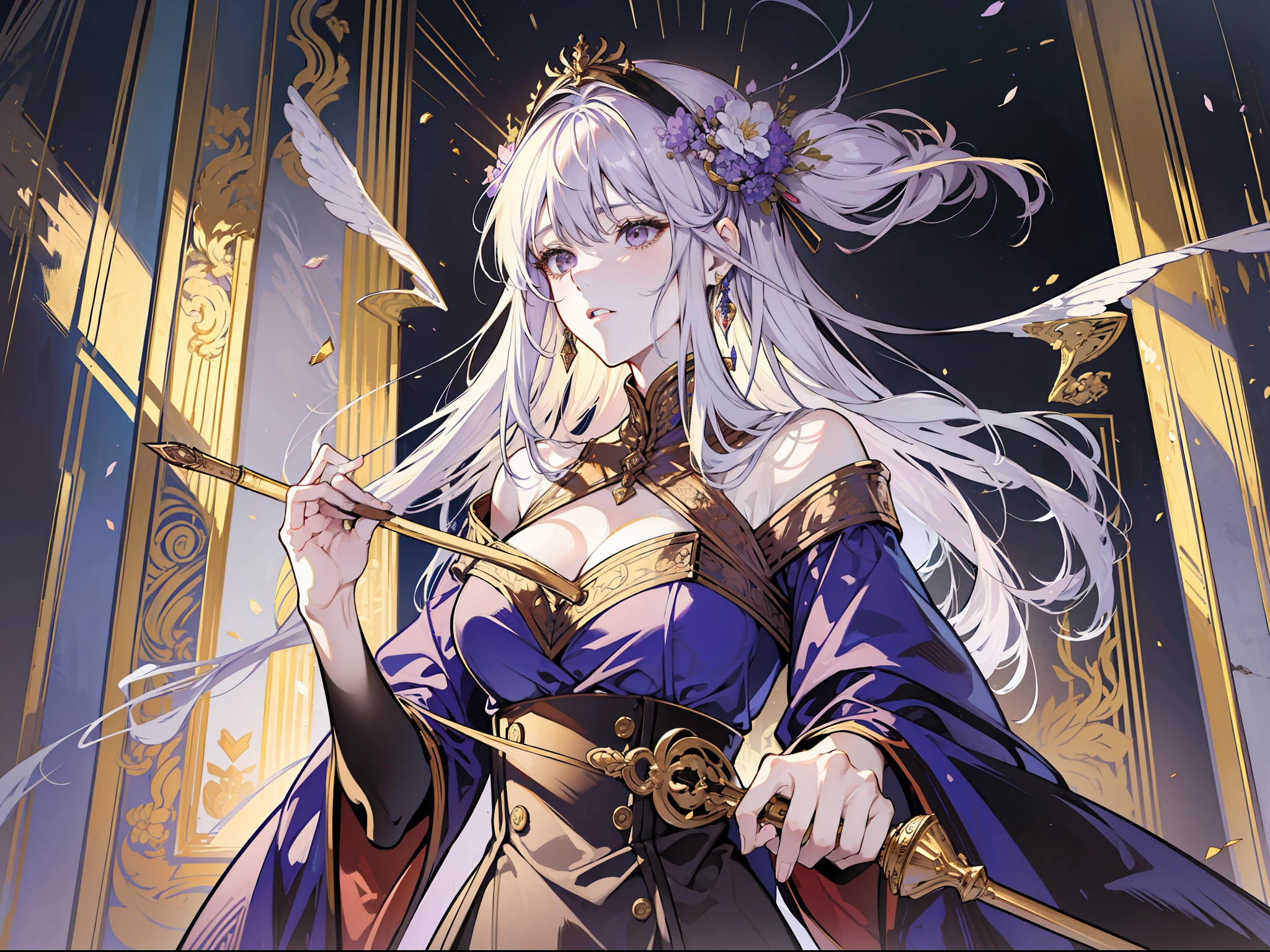 (absurd, high resolution), (panorama), ccurate, anime, high detail, a woman, mature, beautiful, tall, queen's attire, lilac complex dressed, exquisite, brown eyes, pale blonde hair, silver crown on the head, irritated, serious, in the palace, magical, antique style, holding a very long golden delicate wand, vista