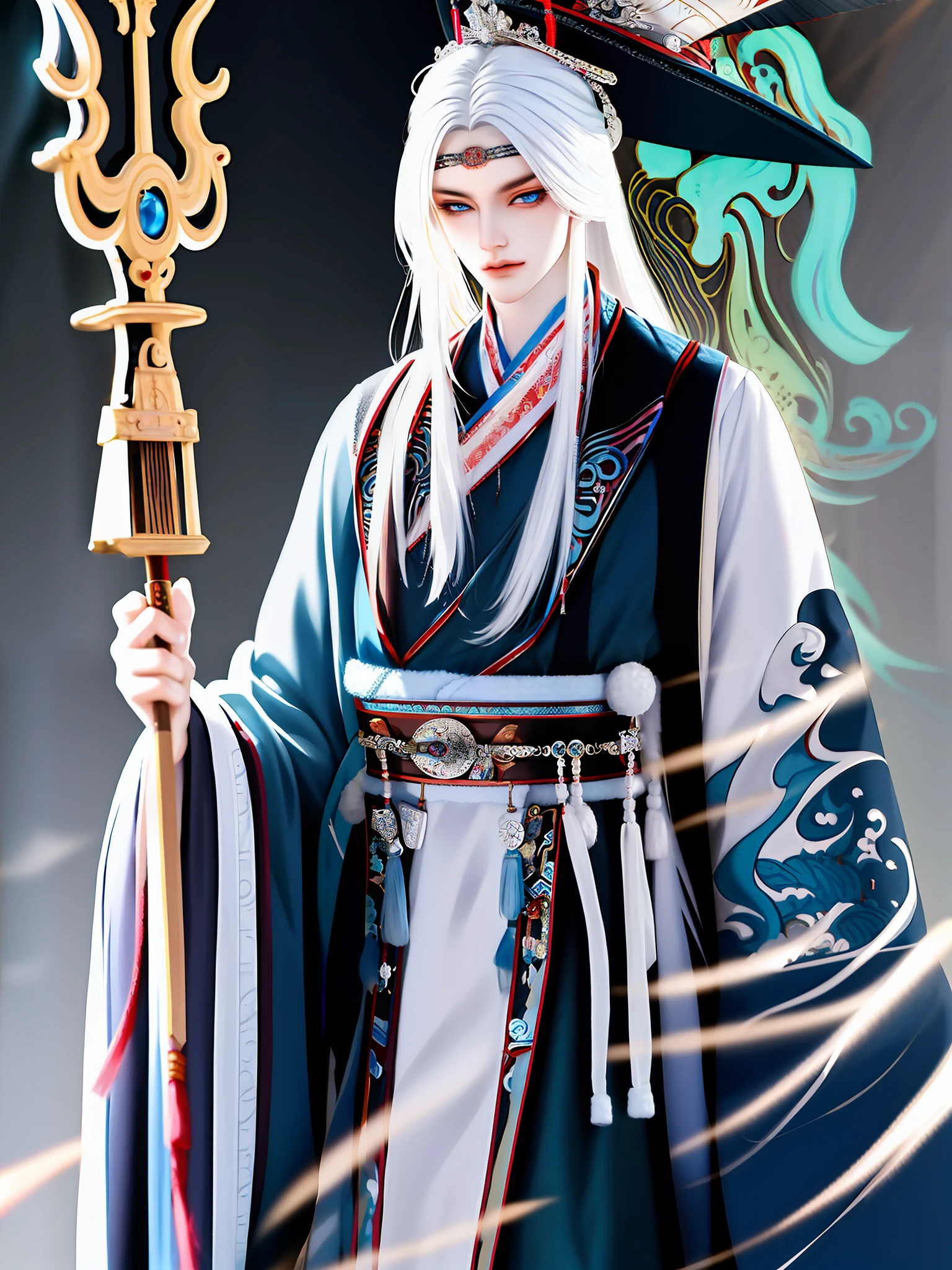 Best quality, masterpiece, very detailed wallpaper, long hair, 1boy, white hair, solo, hair accessories, blue eyes, hanfu, ancient official, official hat, hand-fan, hanfu, hold, long sleeves