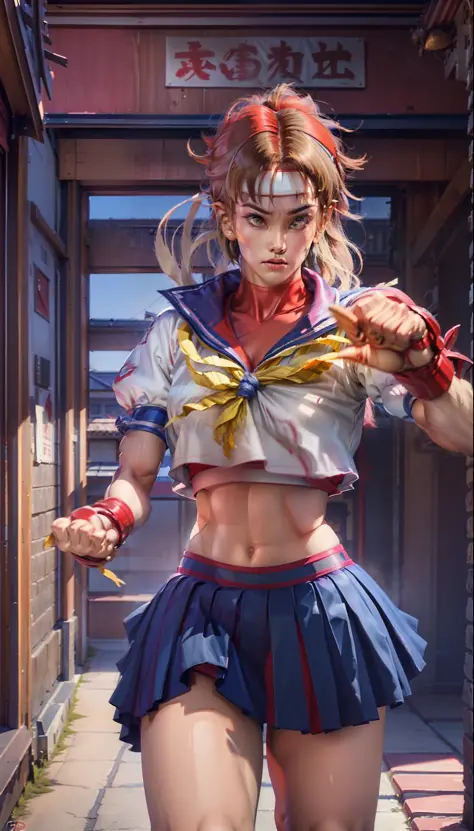 (masterpiece), (best quality), realistic illustration, digital painting, of Sakura's street fighter, a young high school fighter...