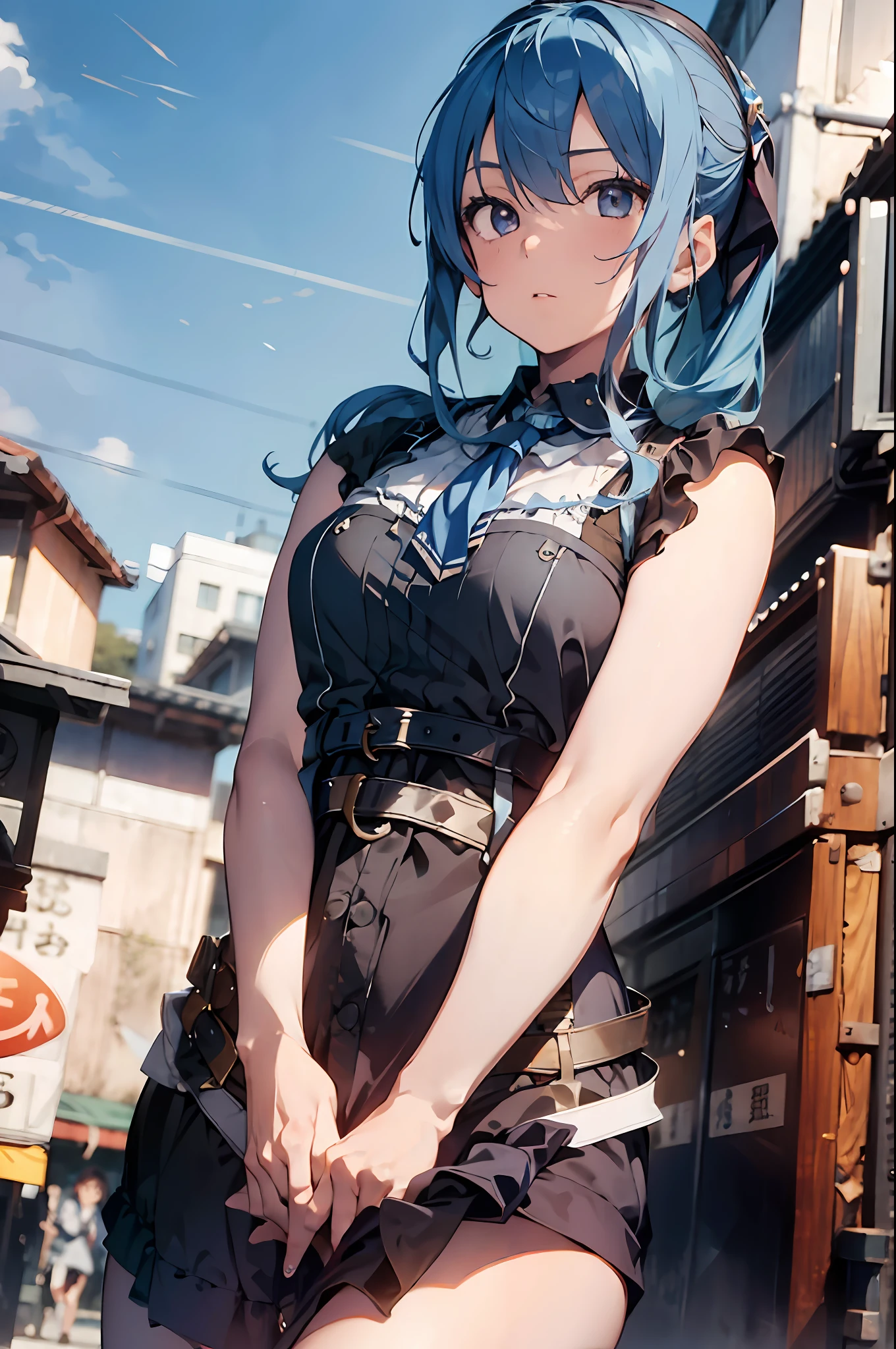 1girl, (solo:1.2), ((masterpiece)), (shadow), [slim], (small breasts), ((sharp focus)), pale skin, ((detailed eyes)), (blurry background), dynamic pose, dynamic angle, hoshimachi suisei, blue hair, ponytail