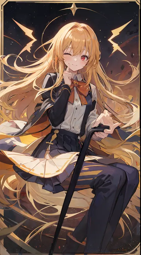 1girl, golden hair, sharp red eyes but closed 1 eyes, blush, harm smile, wearing high school girl clothes, sitting while playing...