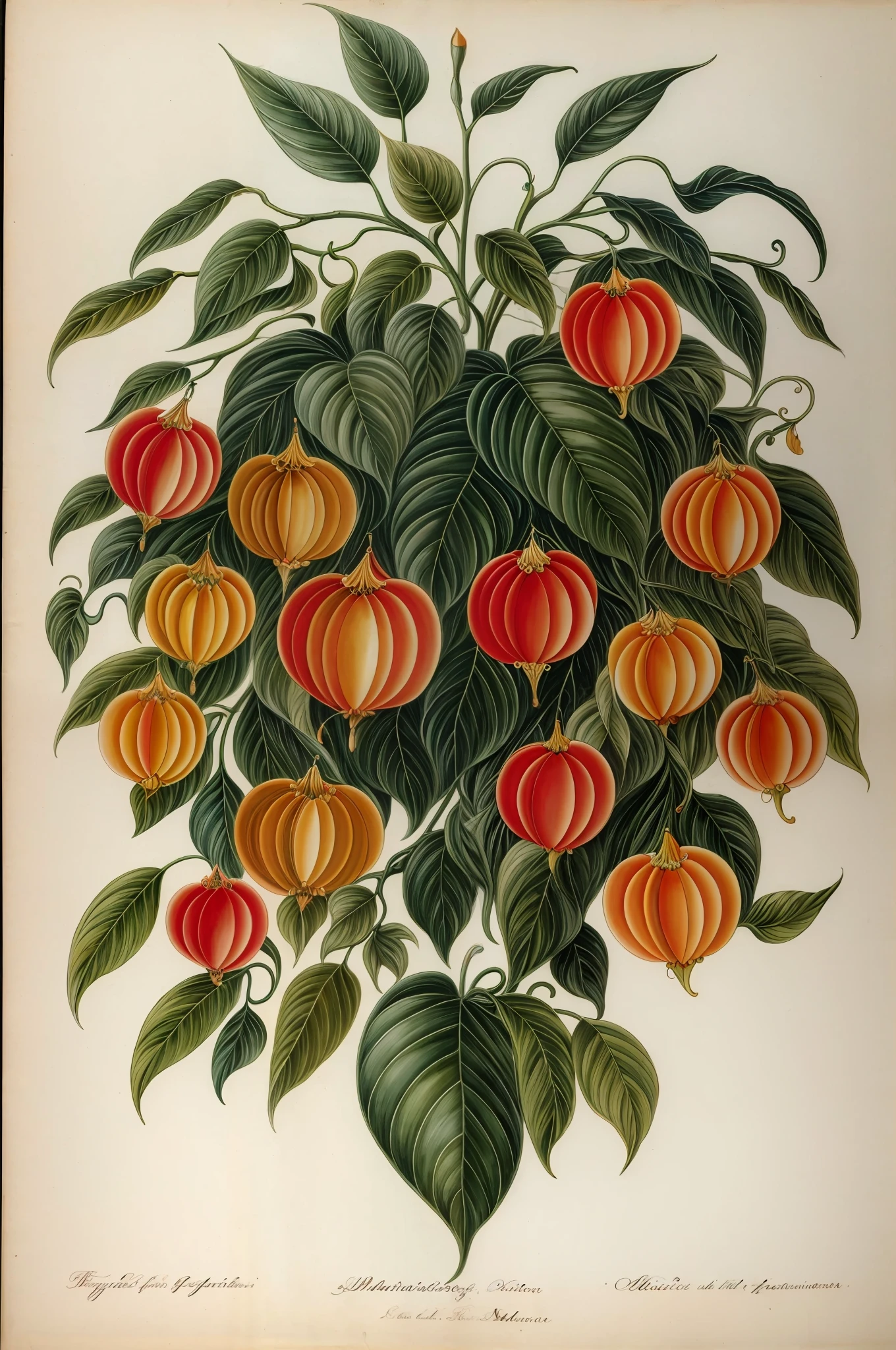 (best quality:1.2), (detailed:1.2), (masterpiece:1.2), vintage botanical illustrations of physalis plant, chinese lantern plant, (1770 1775) in high resolution by John Edwards